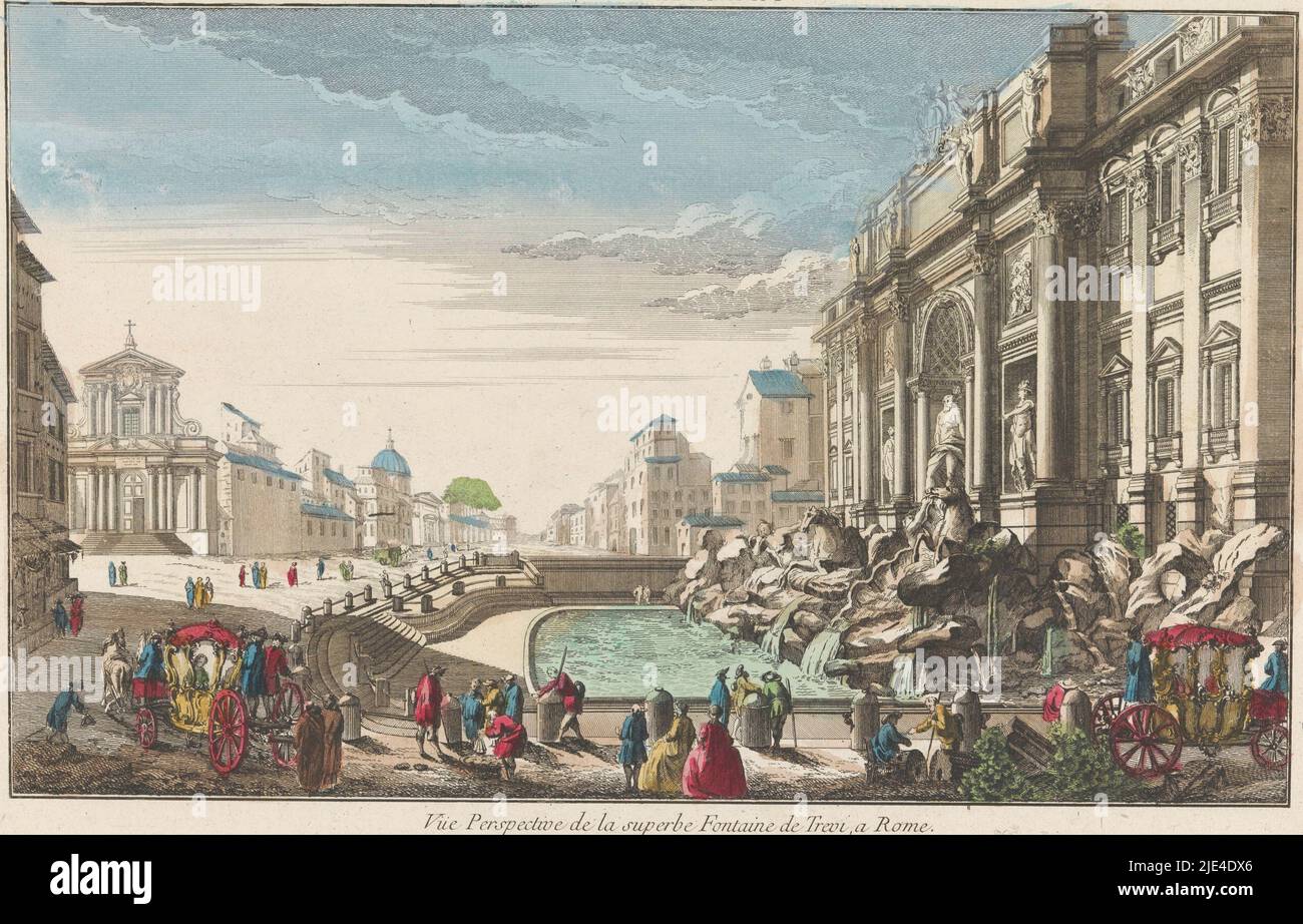 View of the Trevi Fountain in Rome, Jacques Gabriel Huquier, 1735 - 1805, publisher: Jacques Gabriel Huquier, (mentioned on object), print maker: anonymous, publisher: Paris, print maker: France, 1735 - 1805, paper, etching, brush, h 268 mm × w 401 mm Stock Photo