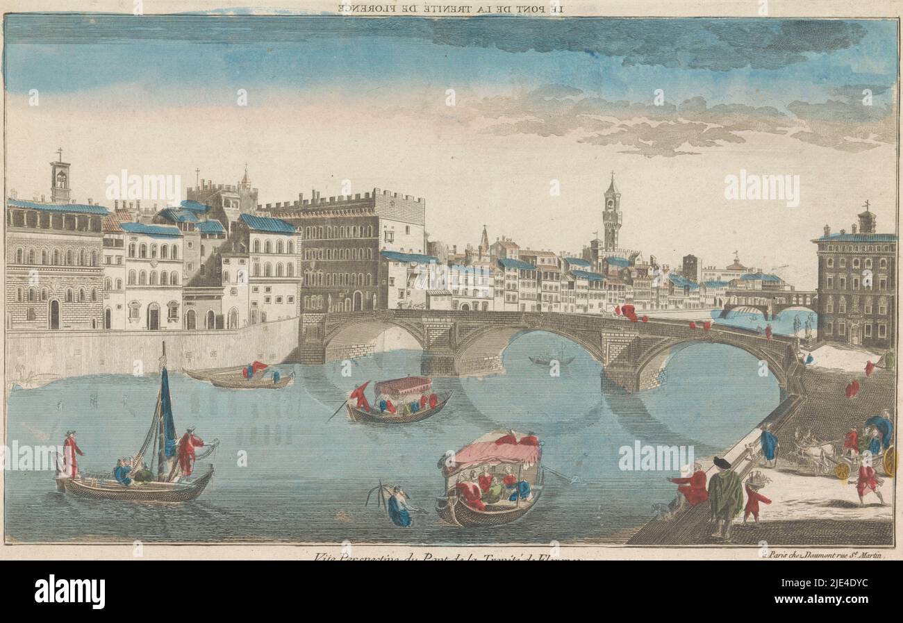 View of the Ponte Santa Trinita over the Arno River in Florence, Jean-François Daumont, 1745 - 1775, In the background the Ponte Vecchio and the Palazzo Vecchio., publisher: Jean-François Daumont, (mentioned on object), print maker: anonymous, publisher: Paris, print maker: France, 1745 - 1775, paper, etching, brush, h 292 mm × w 491 mm Stock Photo