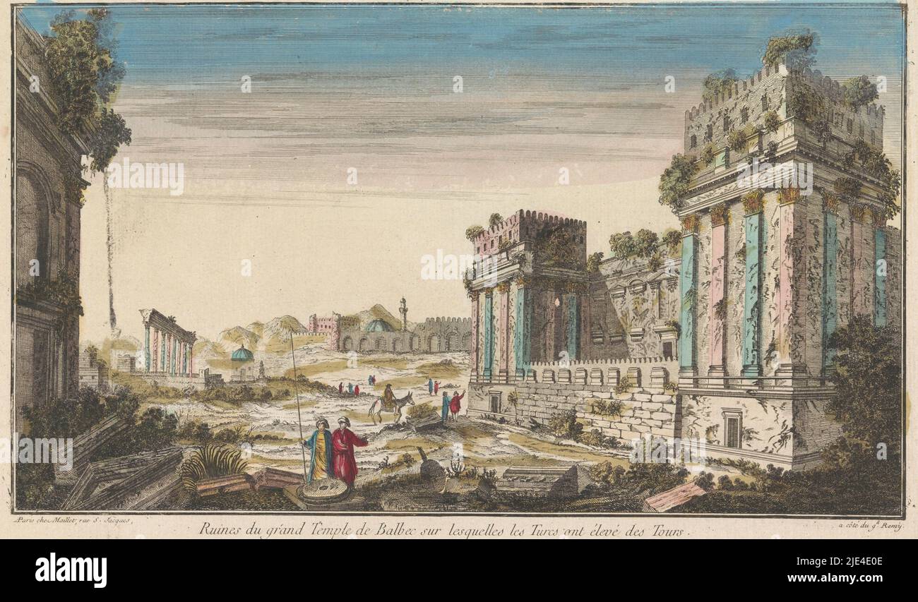 View of the ruins of the temple complex at Baalbek, Maillet, before 1744 - after 1760, Numbered in the title: 4. Numbered in upper right corner: 60., publisher: Maillet, (mentioned on object), print maker: anonymous, publisher: Paris, print maker: France, before 1744 - after 1760, paper, etching, brush, h 248 mm × w 404 mm Stock Photo