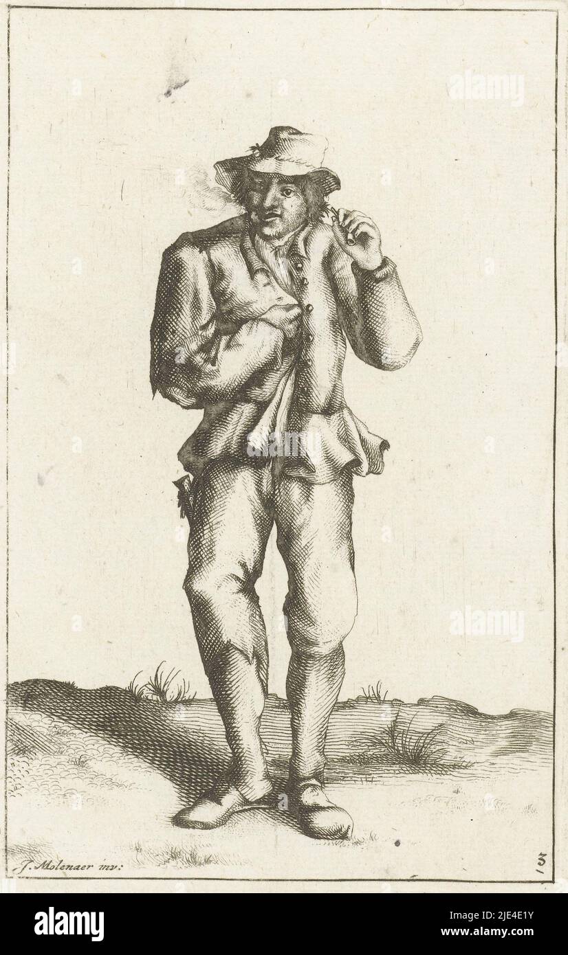 Farmer smoking pipe, Cornelis Danckerts (I), after Jan Miense Molenaer, 1613 - 1656, print maker: Cornelis Danckerts (I), Jan Miense Molenaer, (mentioned on object), publisher: Justus Danckerts, Netherlands, 1613 - 1656, paper, etching, h 145 mm × w 92 mm, FTZYC Doctype Stock Photo