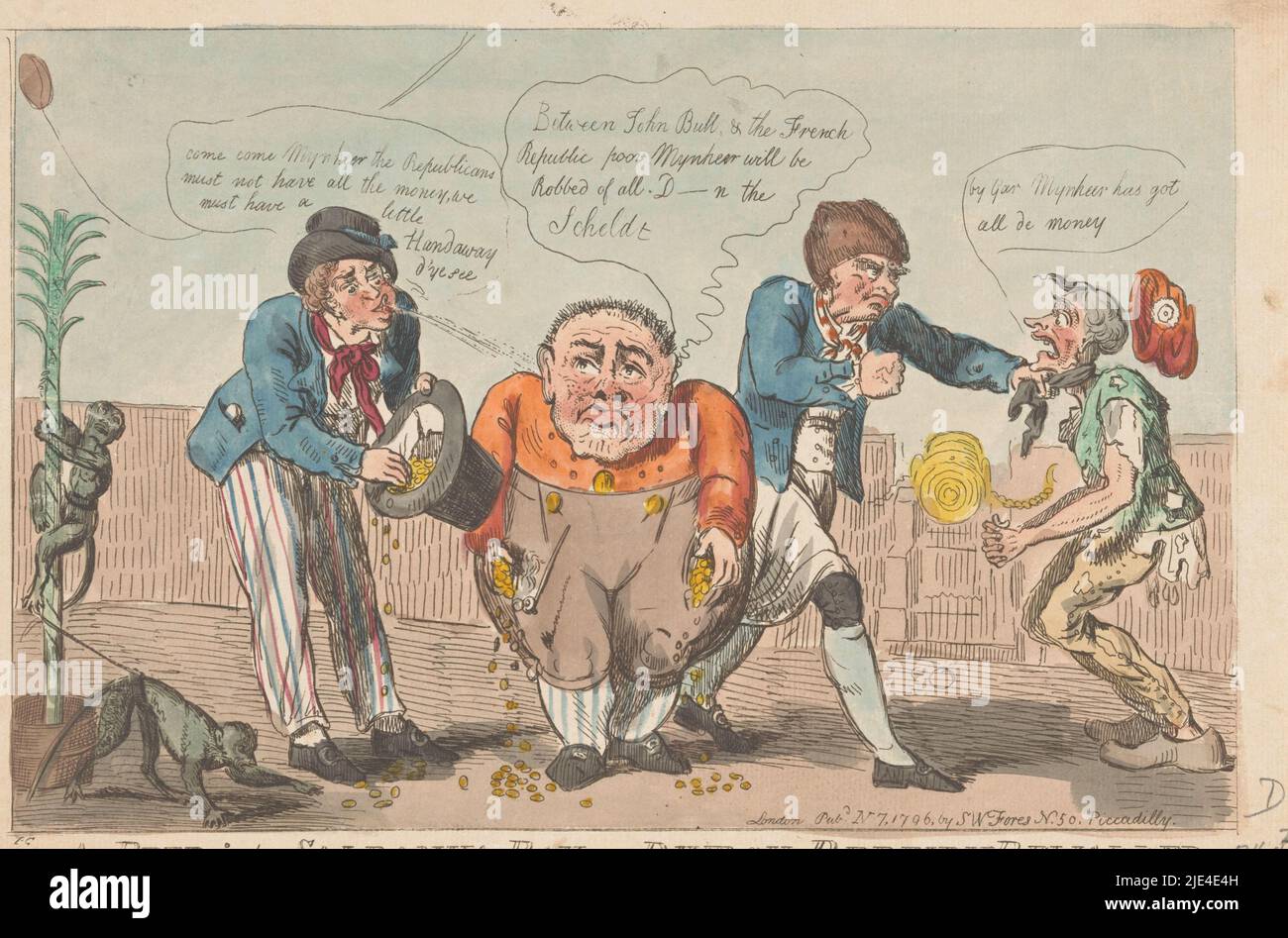 Cartoon on the capitulation of the Batavian fleet in Saldanha Bay, 1796, Isaac Cruikshank, 1796, In a fort, a fat Dutchman with pockets filled with gold pieces is robbed of his money by an English sailor and spat in the face. Another Englishman threatens a Frenchman dressed in rags. On the left, a tree of liberty with two monkeys. Cartoon on the surrender of the Batavian fleet of nine ships to the English in Saldanha Bay in the Western Cape of South Africa on 17 August 1796., print maker: Isaac Cruikshank, (mentioned on object), publisher: Samuel W. Fores, (mentioned on object), London, 1796 Stock Photo