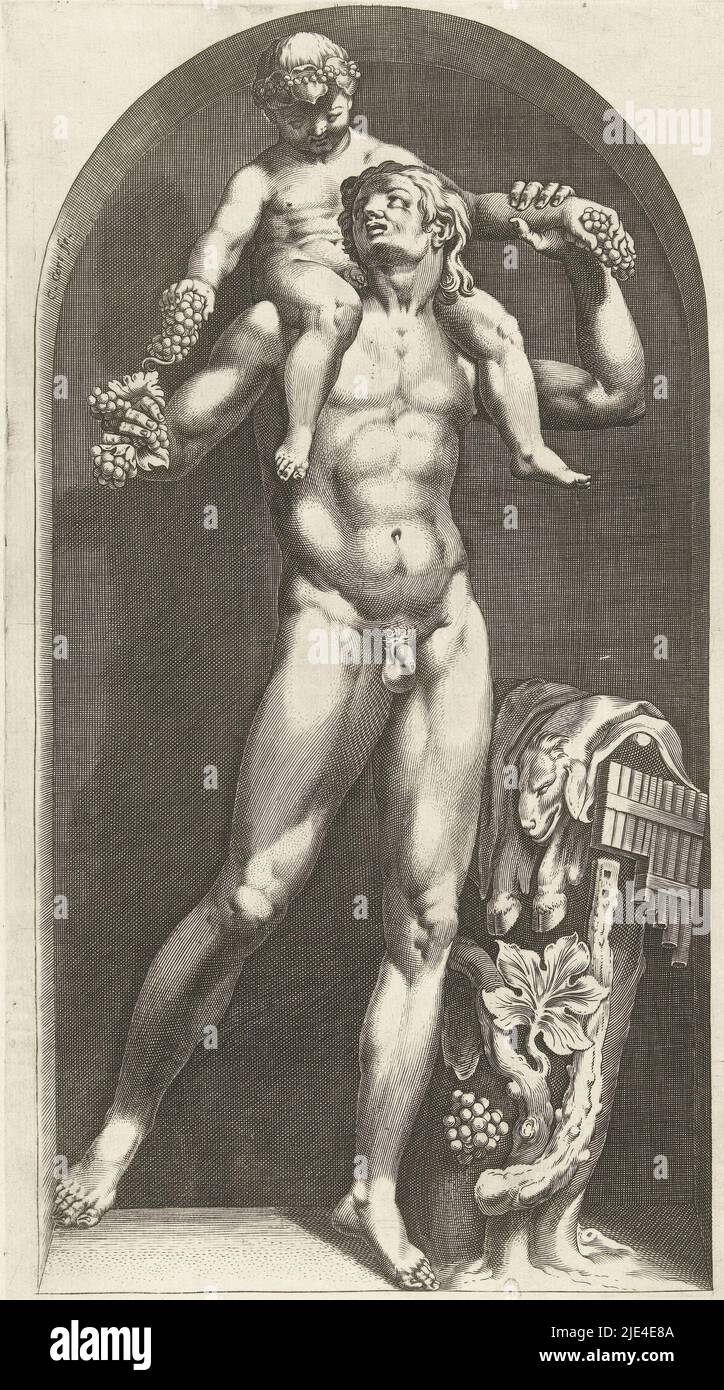 Image of a faun with Bacchus on his shoulders, Cornelis Cort, after c. 1570 - before 1577, A faun stands in a niche and carries the young Bacchus on his shoulders. On the left, a tree stump on which is the skin of a goat and a pan flute., print maker: Cornelis Cort, (mentioned on object), publisher: Claude Duchet, (mentioned on object), publisher: Antonio Lafreri, (mentioned on object), Rome, after c. 1570 - before 1577, paper, engraving, h 376 mm × w 195 mm, FTZYC Doctype Stock Photo