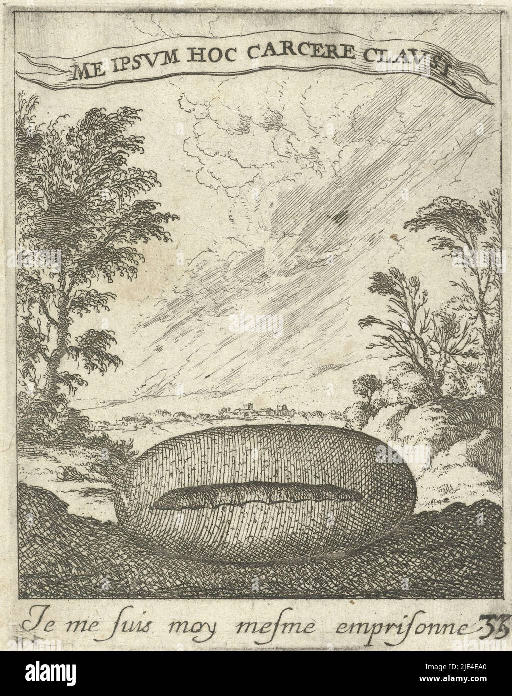 Landscape with cocoon, Albert Flamen, 1672, A landscape with a caterpillar in a cocoon in the foreground. On a banderole a motto in Latin and a caption in French, both about love., print maker: Albert Flamen, publisher: Etienne Loyson, Lodewijk XIV (koning van Frankrijk), print maker: Paris, publisher: Paris, France, 1672, paper, etching, h 86 mm × w 68 mm Stock Photo