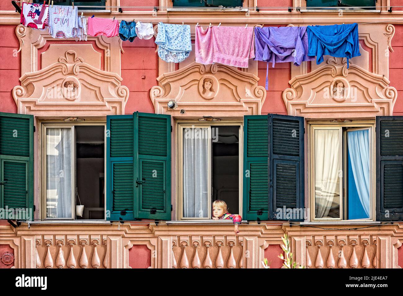Italy Liguria Tigullio Santa margherita Ligure - old City  Trompe L'oeil with child Stock Photo