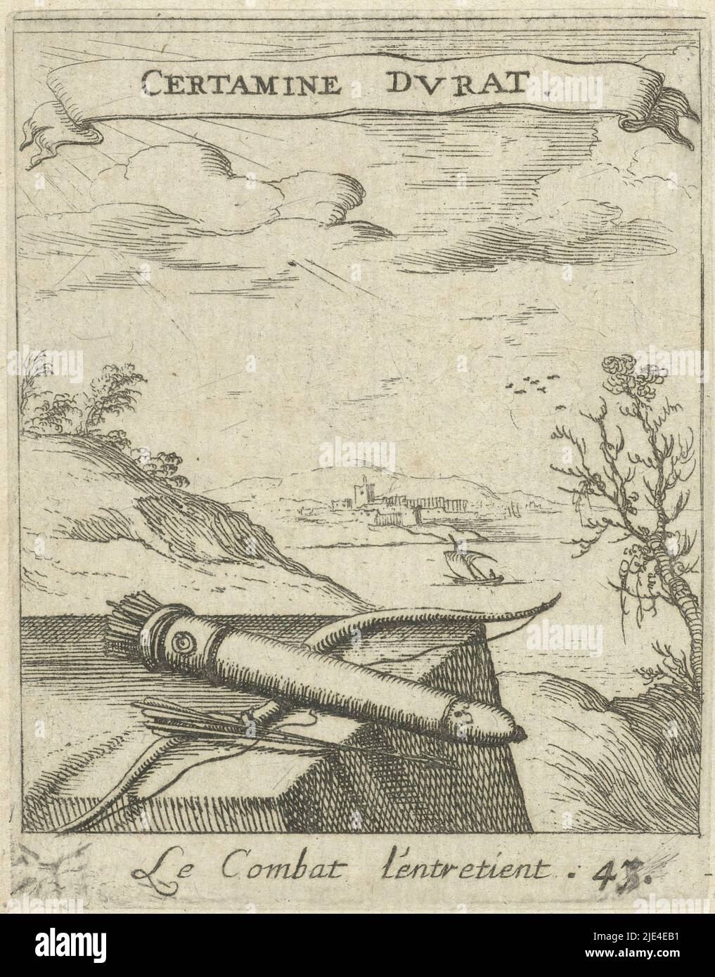 Bow and arrow, Albert Flamen, 1672, A table with arrows and a bow. In