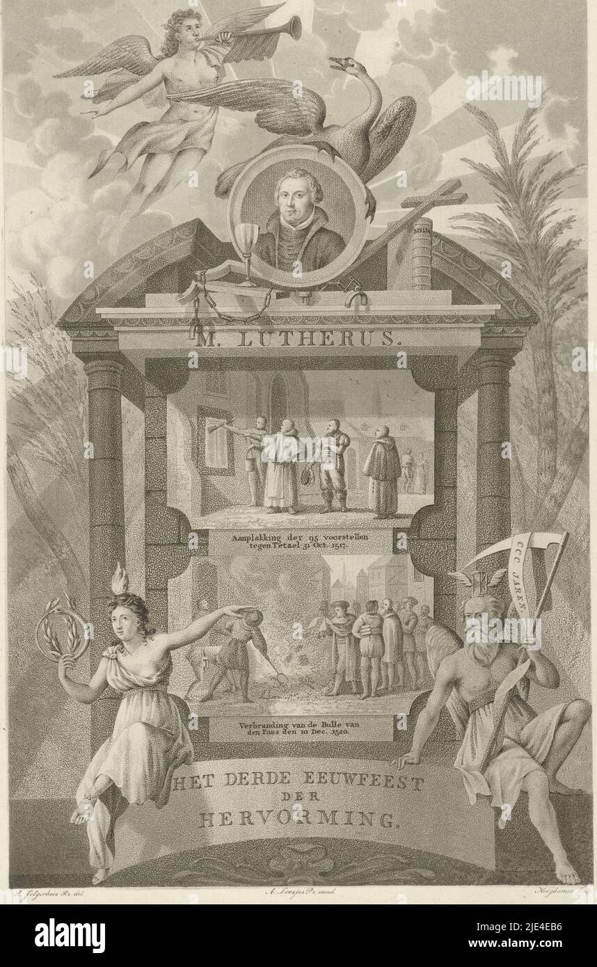 Portrait of Luther with allegorical figures, Willem Hendrik Hoogkamer, after Johannes Jelgerhuis, 1817, Portrait of Martin Luther in a medallion, on which is a swan and in the clouds an angel with a trumpet. Below that, two representations: Martin Luther publishing his academic theses against the trade in indulgences on October 31, 1517, and below the burning of the papal bull and code of laws on December 10, 1520: the beginning of Protestantism in Wittenberg. On the right Father Time with scythe and hourglass and a banderole reading: 300 years. On the left, a personification of Eternity with Stock Photo