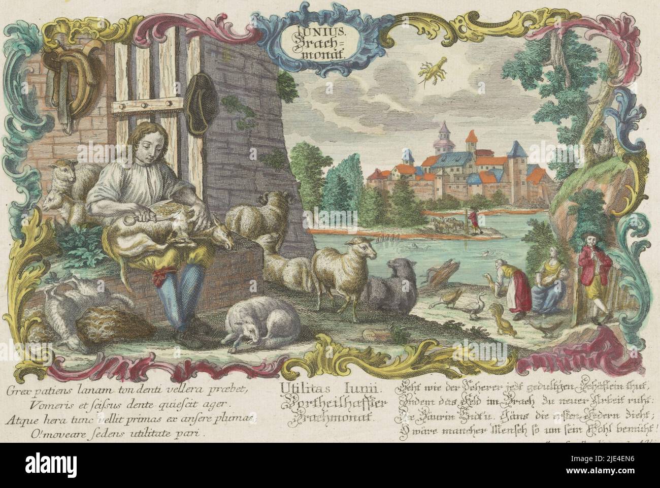 June, anonymous, 1694 - 1756, A shepherd at work in a landscape with various animal and human figures. In the background a vista across the water to a walled city. In the lower margin twice a four-line text in Latin and German., print maker: anonymous, publisher: Martin Engelbrecht, (mentioned on object), Keizerlijk hof, (mentioned on object), Augsburg, 1694 - 1756, paper, etching, h 210 mm × w 303 mm Stock Photo