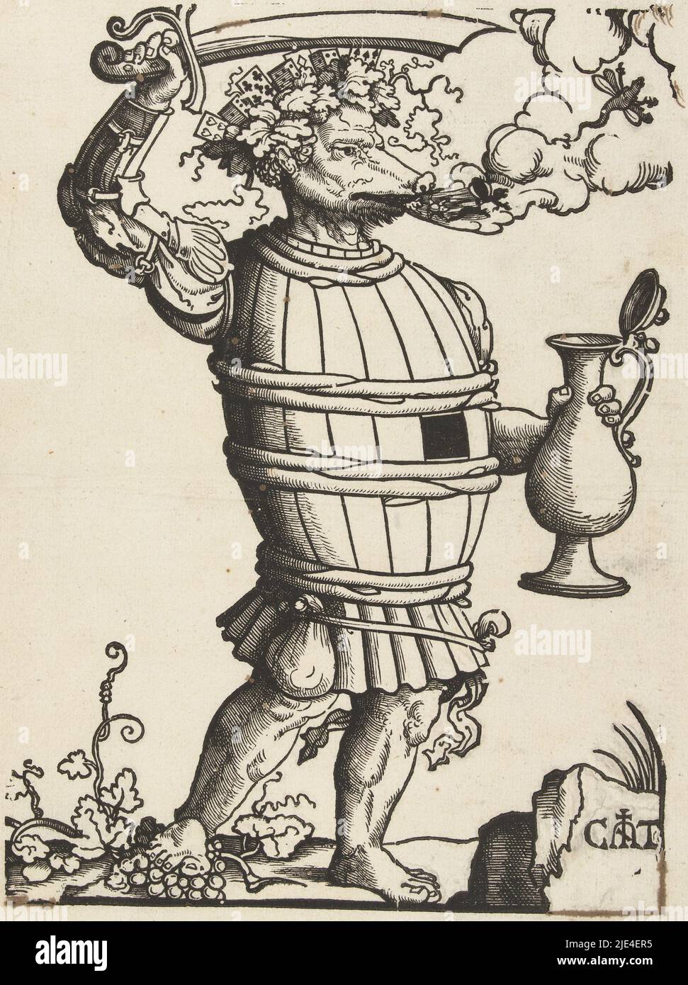 The Playing and Wine Devil, Cornelis Anthonisz., 1535 - 1553, Monster with wine barrel around body and playing cards on head. In right hand sword, in left hand drinking cup. From its mouth come insects and smoke., print maker: Cornelis Anthonisz., (mentioned on object), Low Countries, 1507 - 1553, paper, pen, h 317 mm × w 219 mm Stock Photo