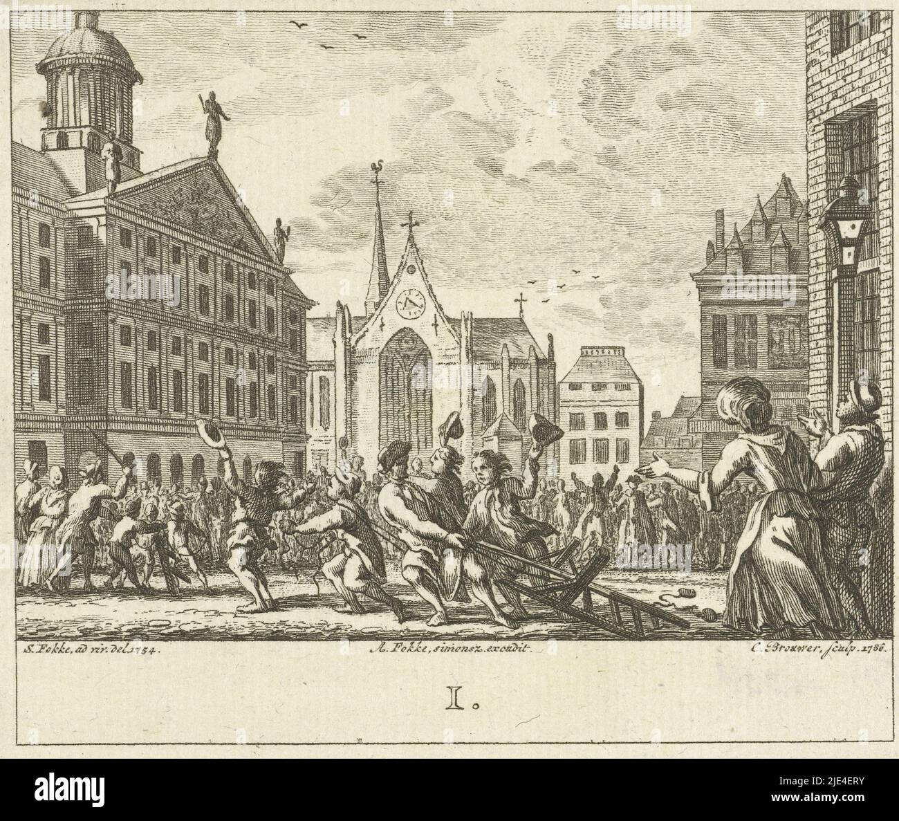 Revolt at the funeral of Daniël Raap on Dam Square in Amsterdam in 1754, Cornelis Brouwer, after Simon Fokke, 1786, Revolt at the funeral of Daniël Raap on Dam Square in Amsterdam in 1754. Opponents of the Doelists destroy the bier., print maker: Cornelis Brouwer, (mentioned on object), intermediary draughtsman: Simon Fokke, (mentioned on object), publisher: Arend Fokke Simonsz., (mentioned on object), Netherlands, 1786, paper, etching, h 96 mm × w 113 mm Stock Photo
