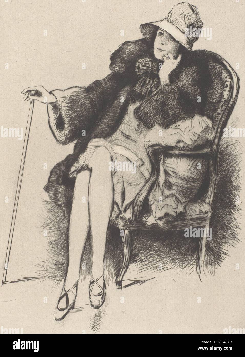 Woman with hat in armchair, Pierre Georges Jeanniot, 1920 - 1934, Young lady, seated in armchair, left hand under chin, right hand supporting a cane with knob. She is dressed in fur coat and short gown with low waist, on her feet shoes with heels and crossed straps. Pot hat with wide brim. Clothing 1920s-1930s., print maker: Pierre Georges Jeanniot, (signed by artist), France, 1920 - 1934, paper, drypoint, etching, engraving, h 299 mm × w 209 mm Stock Photo