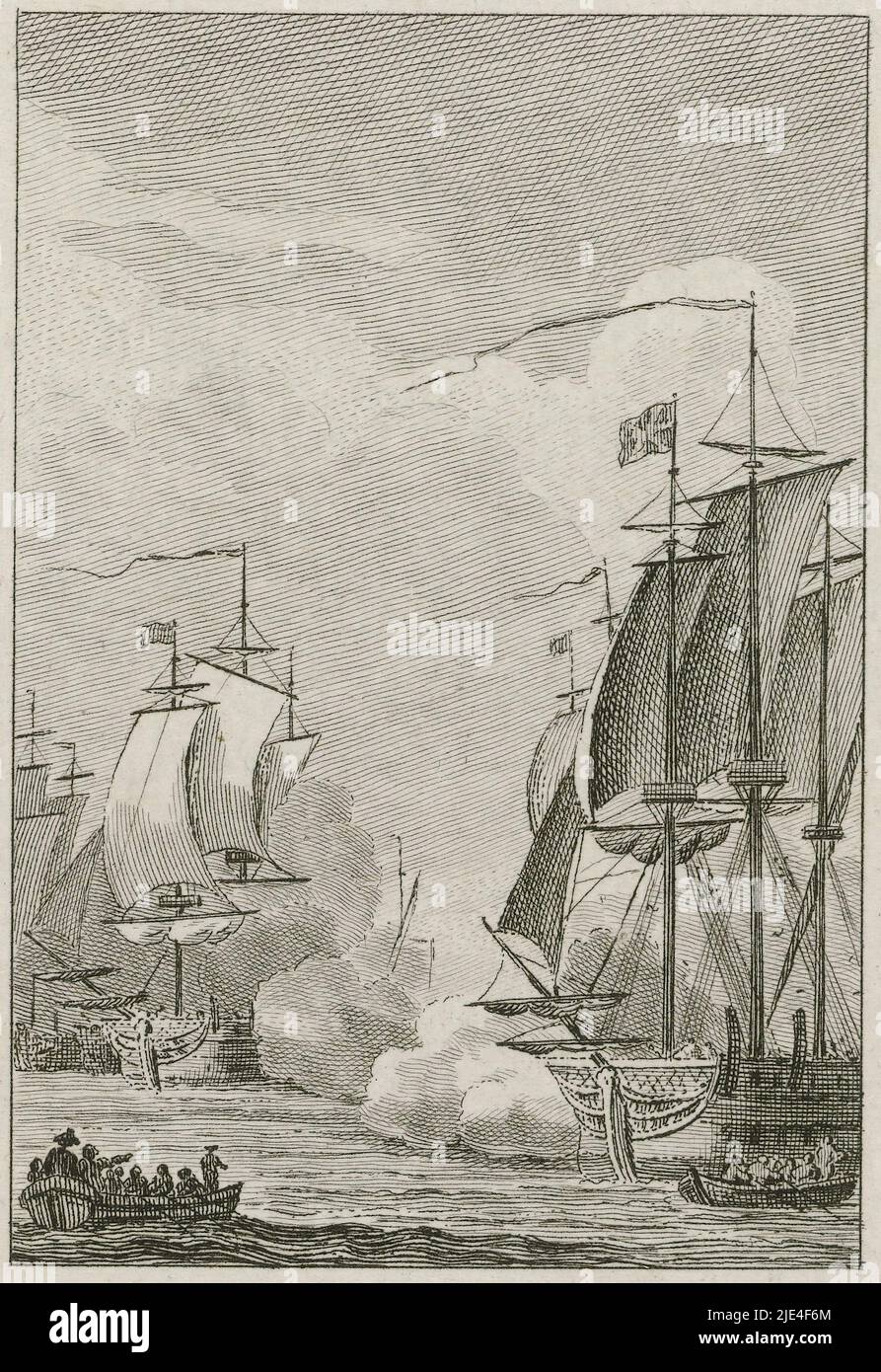 Treffen tussen Fielding en Van Bylandt, 1779, Reinier Vinkeles (I), after Jacobus Buys, 1780 - 1795, Treffen between an English squadron under commander Charles Fielding and a Dutch squadron under Lodewijk van Bylandt escorting a convoy, off Isle of Wight on 31 December 1779., print maker: Reinier Vinkeles (I), print maker: Cornelis Bogerts, intermediary draughtsman: Jacobus Buys, Northern Netherlands, 1780 - 1795, paper, etching, engraving, h 158 mm - w 112 mm Stock Photo