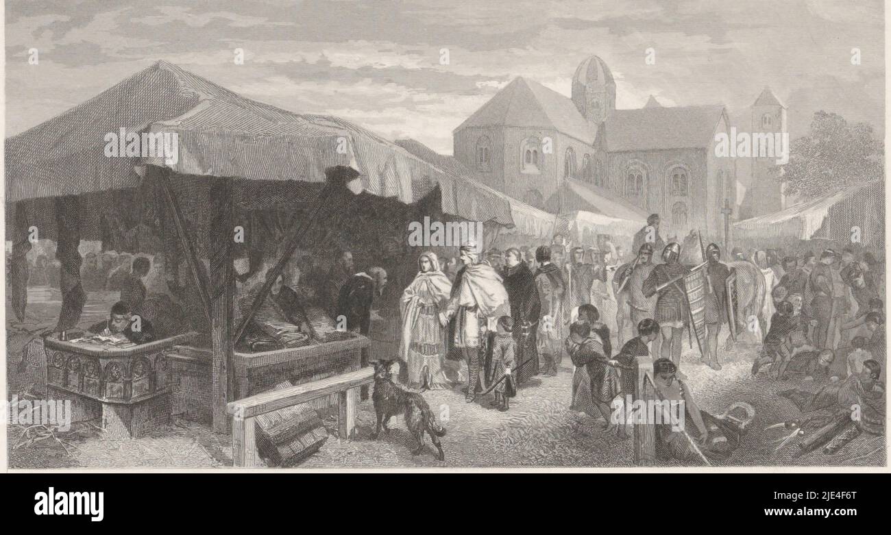 Medieval fair in Utrecht, Christiaan Lodewijk van Kesteren, after Charles Rochussen, 1862 - 1897, Annual fair in Utrecht early 12th century, with in the foreground several market stalls where civilians and soldiers walk by and hang out. In the background a Romanesque church. The print is part of the group of steel engravings after the paintings of the Historical Gallery of the Arti et Amicitiae Society., print maker: Christiaan Lodewijk van Kesteren, (mentioned on object), after: Charles Rochussen, 1862 - 1897, paper, steel engraving, h 203 mm - w 243 mm Stock Photo