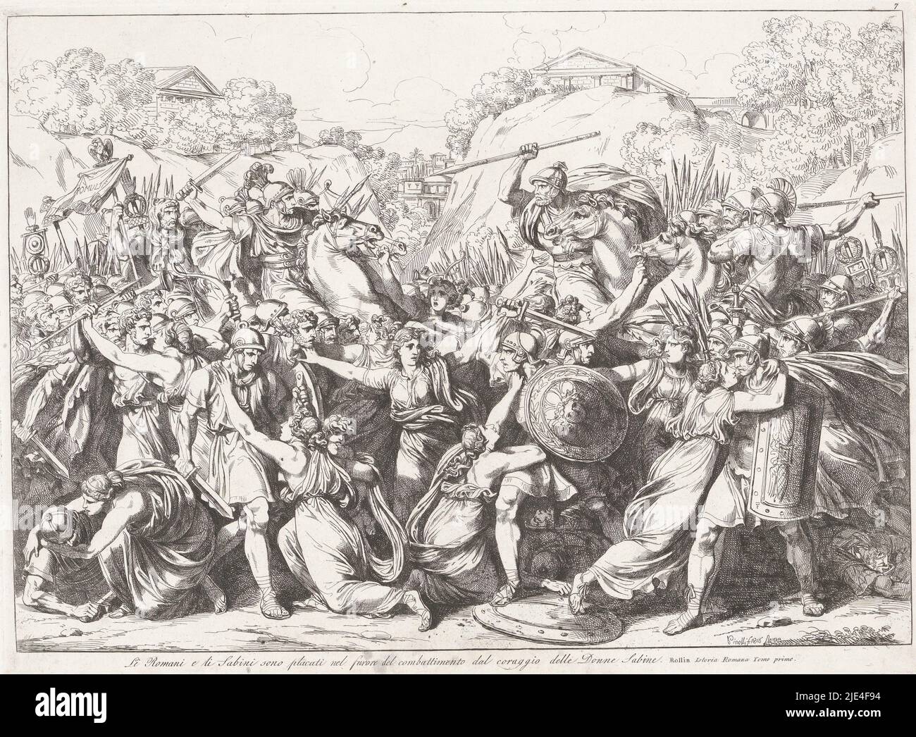 Reconciliation between the Romans and the Sabines, Bartolomeo Pinelli, 1818, The Sabine virgins throw themselves between the two fighting armies of Sabines and Romans. They make a call for peace., print maker: Bartolomeo Pinelli, (mentioned on object), Bartolomeo Pinelli, (mentioned on object), Rome, 1818, paper, etching, h 316 mm × w 426 mm Stock Photo