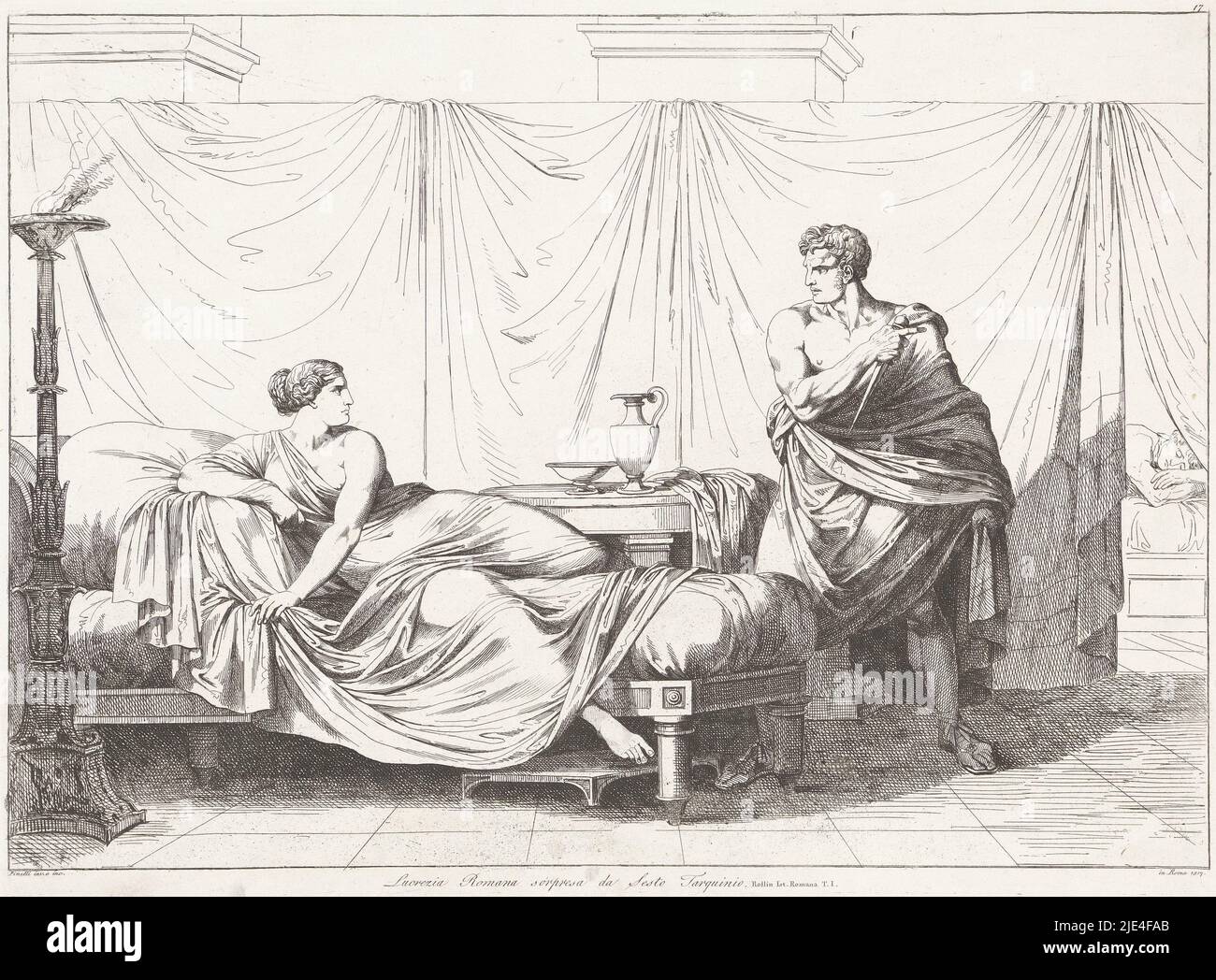 Lucretia and Sextus Tarquinius, Bartolomeo Pinelli, 1818, Lucretia lies on her bed. She is surprised by Sextus Tarquinius who steps into her room with a dagger in his hand. He threatens to kill her if she does not give herself to him., print maker: Bartolomeo Pinelli, (mentioned on object), Bartolomeo Pinelli, (mentioned on object), Rome, 1818, paper, etching, h 316 mm × w 425 mm Stock Photo