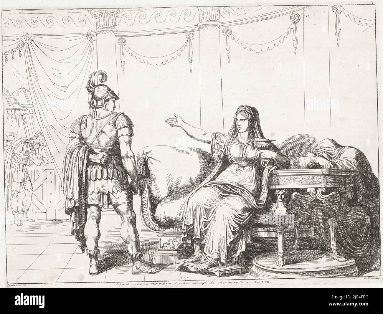 Sophonisba drinks poison, Bartolomeo Pinelli, 1819, Sophonisba seated with poison cup in hand. Before her a servant of her second husband Massinissa, who brought the poison cup., print maker: Bartolomeo Pinelli, (mentioned on object), Bartolomeo Pinelli, (mentioned on object), Rome, 1819, paper, etching, h 316 mm × w 427 mm Stock Photo
