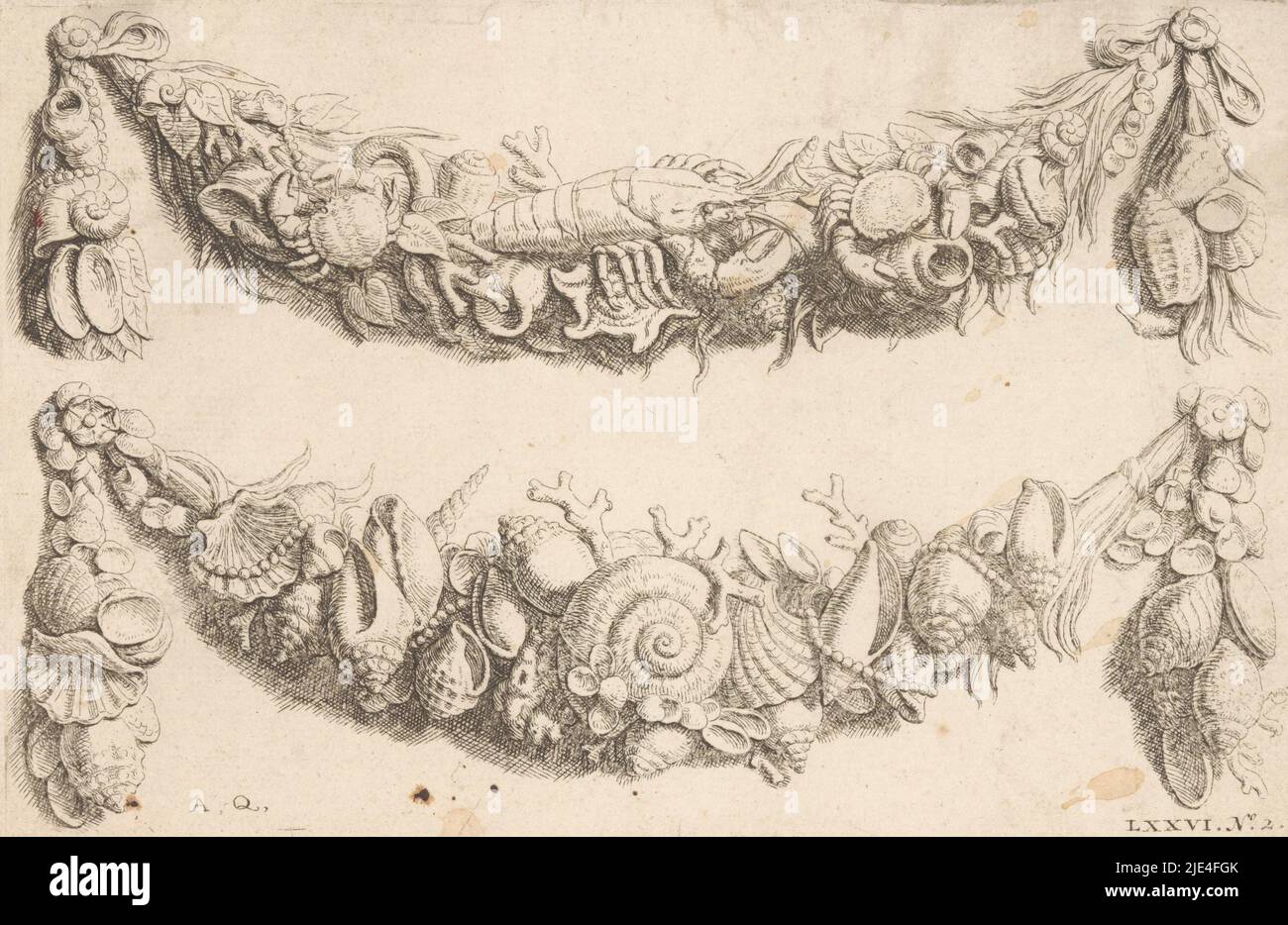 Guirlandes with shells and sea creatures, Hubert Quellinus, after Artus Quellinus, 1719, Two garlands with shells and sea creatures. Sheet LXXVI, No 2., print maker: Hubert Quellinus, Artus Quellinus, (mentioned on object), publisher: David Mortier, Amsterdam, 1719, paper, etching, h 136 mm × w 210 mm Stock Photo
