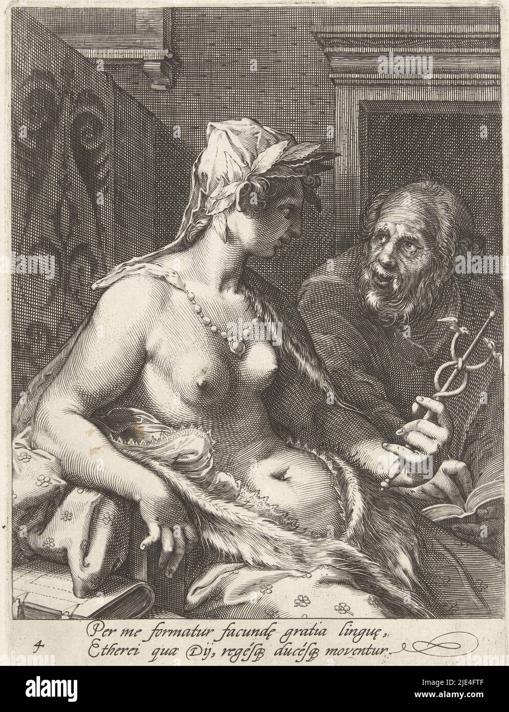 Rhetoric, Cornelis Jacobsz. Drebbel, after Hendrick Goltzius, 1587 - 1605, Rhetoric, wearing a laurel wreath and a caduceus, in conversation with an older man. The man is writing something in a book. With a Latin caption by C. Schonaeus., print maker: Cornelis Jacobsz. Drebbel, Hendrick Goltzius, Cornelius Schonaeus, print maker: Netherlands, Haarlem, 1587 - 1605, paper, engraving, h 178 mm × w 130 mm Stock Photo