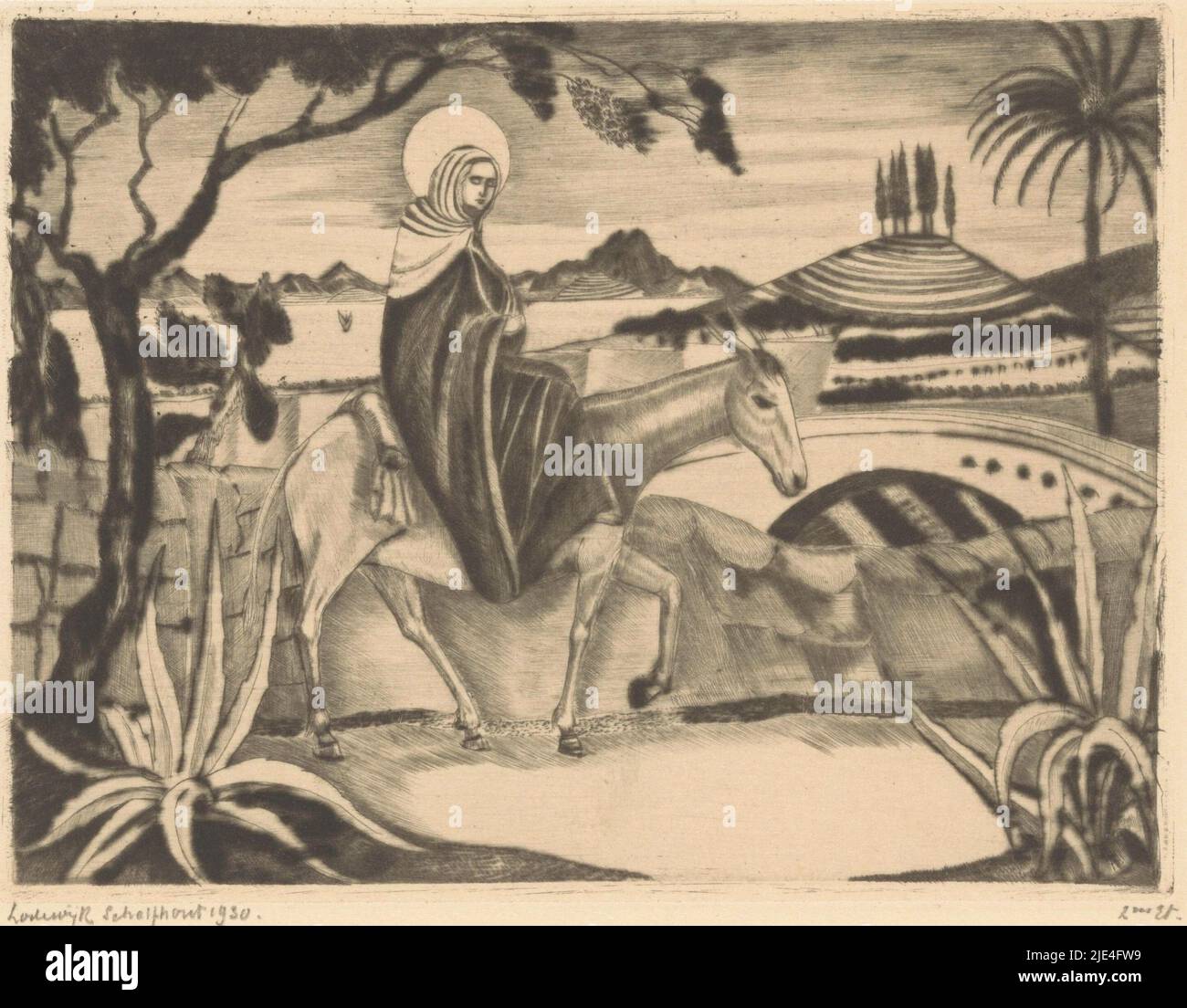 Flight into Egypt, Lodewijk Schelfhout, 1930, Mary riding a donkey in a