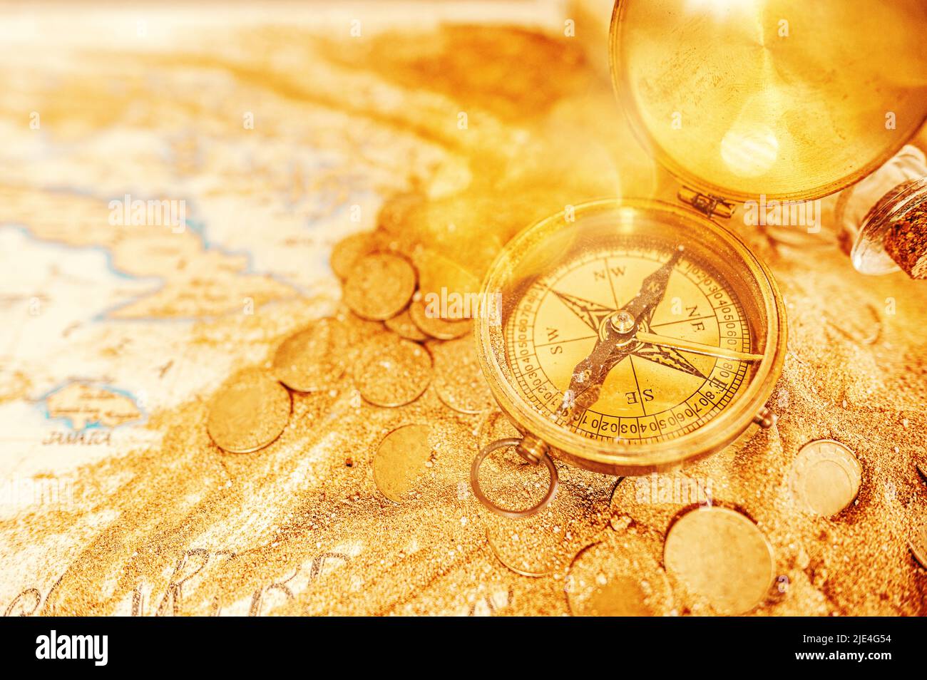 Treasure map with compass and gold coins Stock Photo