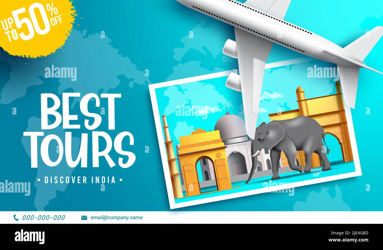 Travel india vector concept design. Best tours in india text with country destination landmarks and elephant elements in photo for tourist travelling. Stock Vector