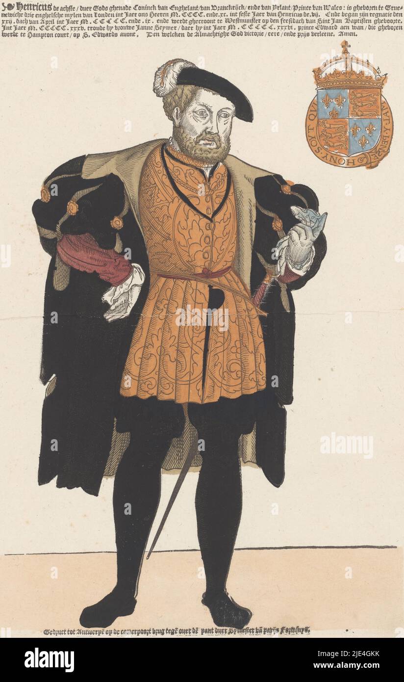 Portrait of Henry VIII of England, Cornelis Anthonisz. (manner of), 1538 - 1548, Henry VIII, King of England, dressed in tabard, standing full-length. A pair of gloves in hand. Top right his coat of arms and five-line inscription in Dutch: Henricus de achste...prijs verleene. Amen., print maker: Cornelis Anthonisz., (manner of), print maker: Sylvester van Parijs, Sylvester van Parijs, (possibly), Low Countries, publisher: Paris, 1538 - 1548, paper, h 405 mm × w 302 mm Stock Photo
