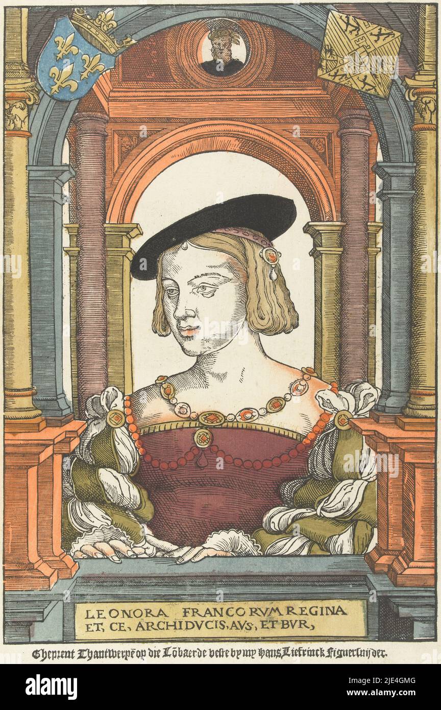 Portrait of Eleanor of France, Pieter Coecke van Aelst (I) (circle of), 1539, Eleanor of France (1498-1558) was the eldest sister of Emperor Charles V, married Manuel the Great of Portugal in 1519, married off to King Francis I after his death in 1530. Breastpiece with hands above a window sill, within two roundel arches one behind the other. At top left the French coat of arms, at right the Habsburg. Between the two arches an oculus in which is a head. Pendant of portrait of Francis I., print maker: Pieter Coecke van Aelst (I), (circle of), Hans Liefrinck (I), (possibly), publisher: Hans Stock Photo