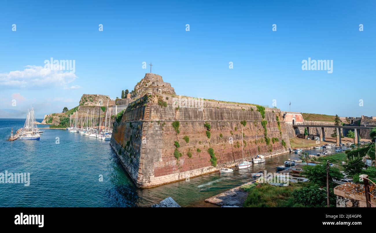 Panorama of the Old Fortress on the promontory where initially the old town was and the northern side of Contrafossa (the moat). Corfu Town, Greece. Stock Photo