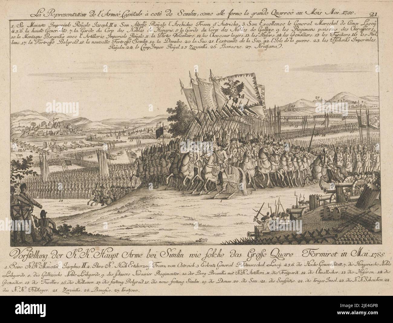 Emperor Joseph II leads the army at Zemun, 1788, anonymous, 1788 - 1790, Emperor Joseph II leads the Habsburg army against the Ottomans in the battle at near Zemun during Russo-Turkish War, May 1788. With titles and legends 1-27 in French and German. Numbered upper right: 21., print maker: anonymous, publisher: Johann Martin Will, (mentioned on object), print maker: Germany, publisher: Augsburg, 1788 - 1790, paper, etching, h 325 mm × w 422 mm Stock Photo