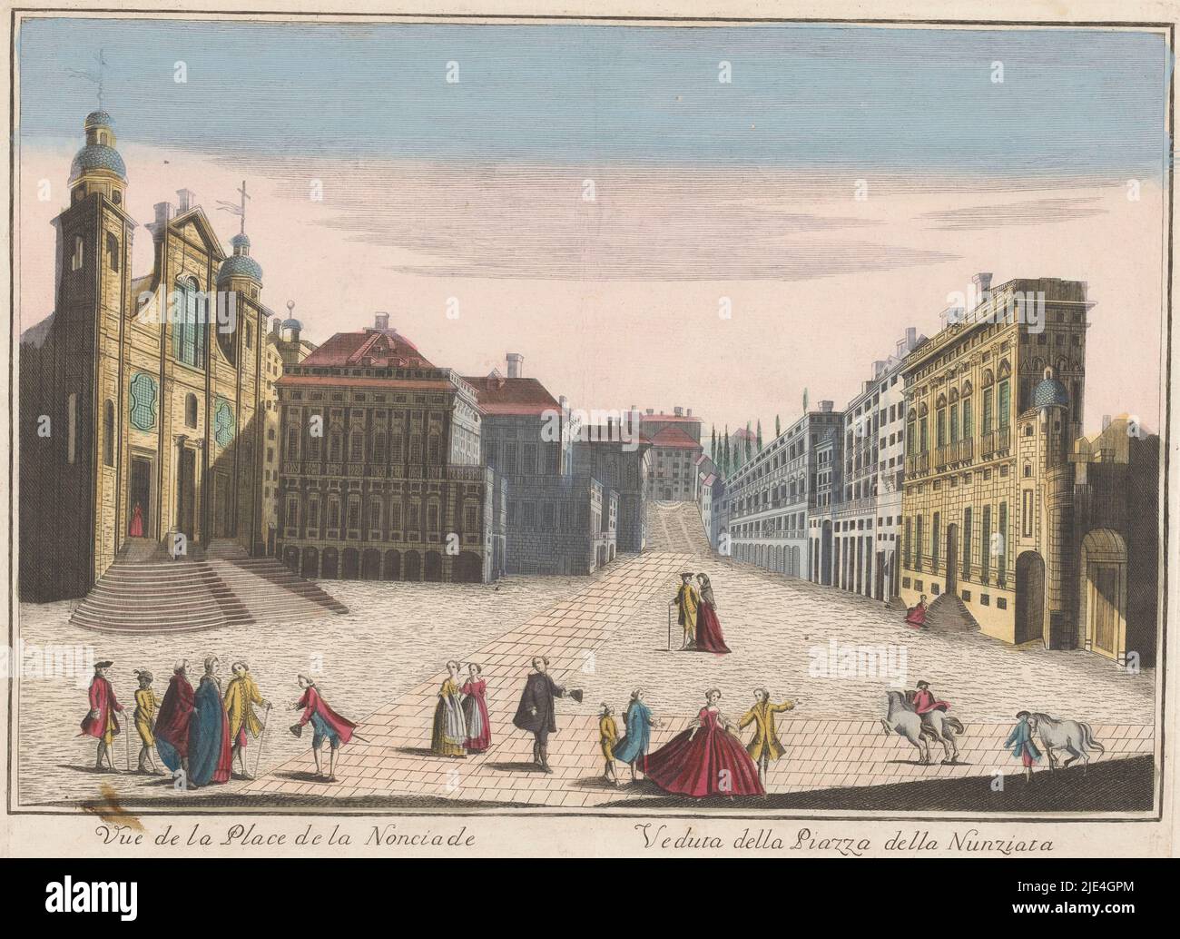 View of the Piazza della Nunziata at Genoa, Remondini family (attributed to), 1700 - 1799, On the left the basilica Santissima Annunziata del Vastato. Numbered in the lower right: Gg 6., publisher: familie Remondini, (attributed to), print maker: anonymous, publisher: Bassano del Grappa, print maker: Italy, 1700 - 1799, paper, etching, brush, h 318 mm × w 424 mm Stock Photo