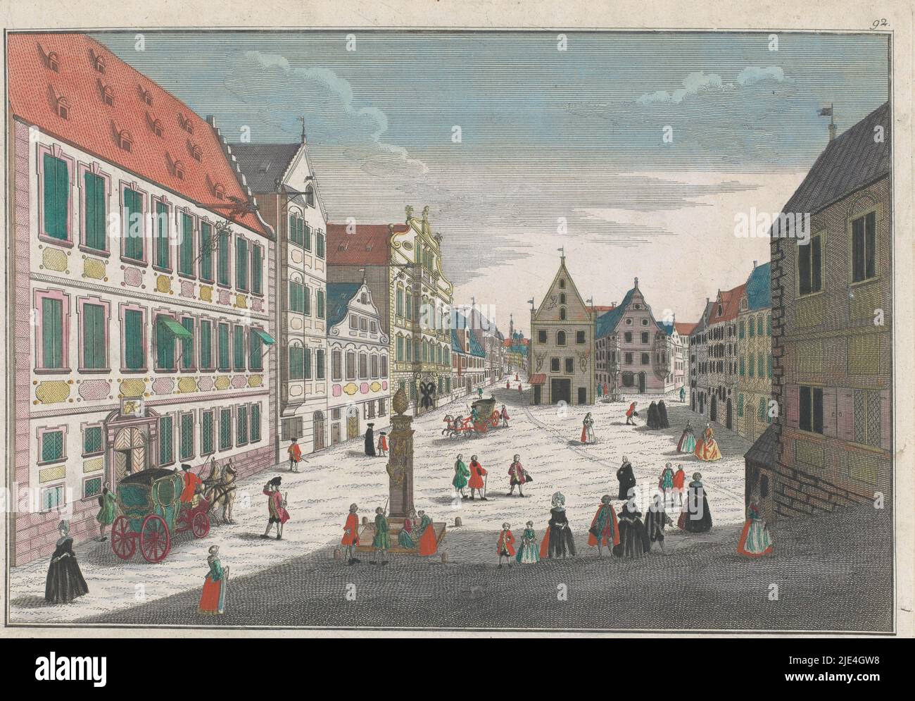 View of the Ulrichsplatz in Augsburg, Georg Balthasar Probst, after Karl Remshard, 1742 - 1801, In the center is the Salzstadel. In the background the City Hall and the Perlachturm. Numbered top right: 92. Lower left numbered: 24., publisher: Georg Balthasar Probst, (mentioned on object), print maker: anonymous, Karl Remshard, publisher: Augsburg, print maker: Germany, 1742 - 1801, paper, etching, brush, h 322 mm × w 425 mm Stock Photo