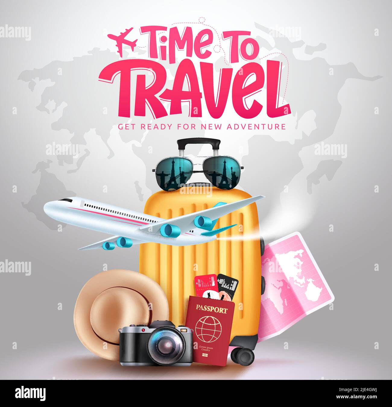 Travel time vector concept design. Time to travel text in map background with luggage, airplane and passport tour elements for fun and enjoy. Stock Vector