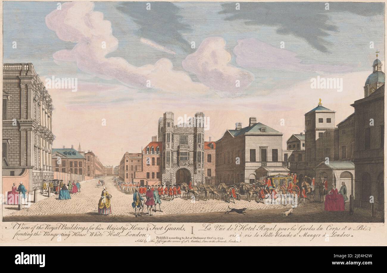 View of the Banqueting House and Horse Guards Building in London, Thomas Jefferys, 1753, publisher: Thomas Jefferys, (mentioned on object), print maker: anonymous, publisher: London, print maker: England, 25-Oct-1753, paper, etching, brush, h 261 mm × w 415 mm Stock Photo