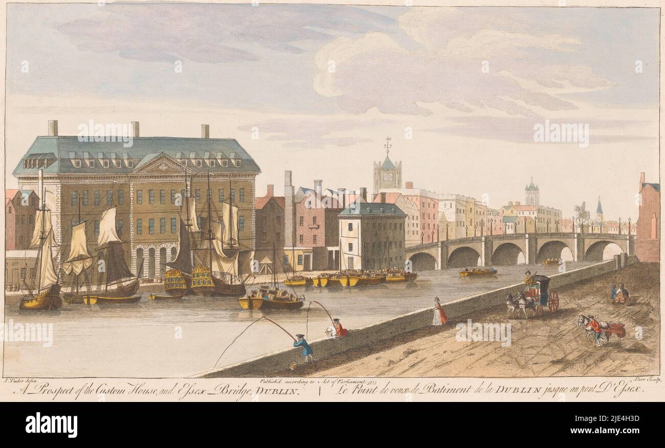 View of the Custom House and Essex Bridge over the River Liffey at Dublin, Robert Sayer (possibly), after Joseph Tudor, 1753, publisher: Robert Sayer, (possibly), print maker: Fabr. Parr, (mentioned on object), intermediary draughtsman: Joseph Tudor, (mentioned on object), publisher: London, print maker: England, 1753, paper, etching, brush, h 240 mm × w 397 mm Stock Photo