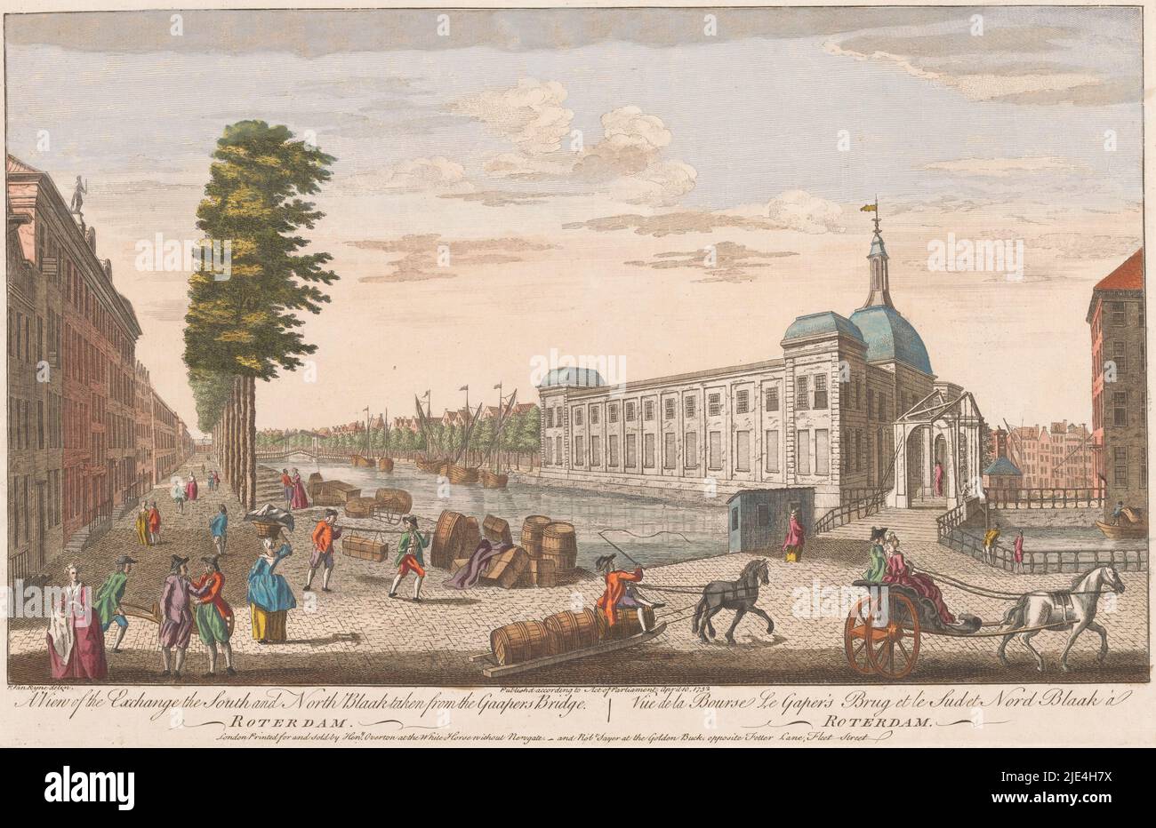 View of the Stock Exchange in Rotterdam, Robert Sayer, after Peter van Ryne, 1752, On the right the Gapers Bridge over the Blaak., publisher: Robert Sayer, (mentioned on object), publisher: Henry Overton (II), (mentioned on object), print maker: anonymous, publisher: London, publisher: London, print maker: England, 10-Apr-1752, paper, etching, brush, h 257 mm × w 395 mm Stock Photo