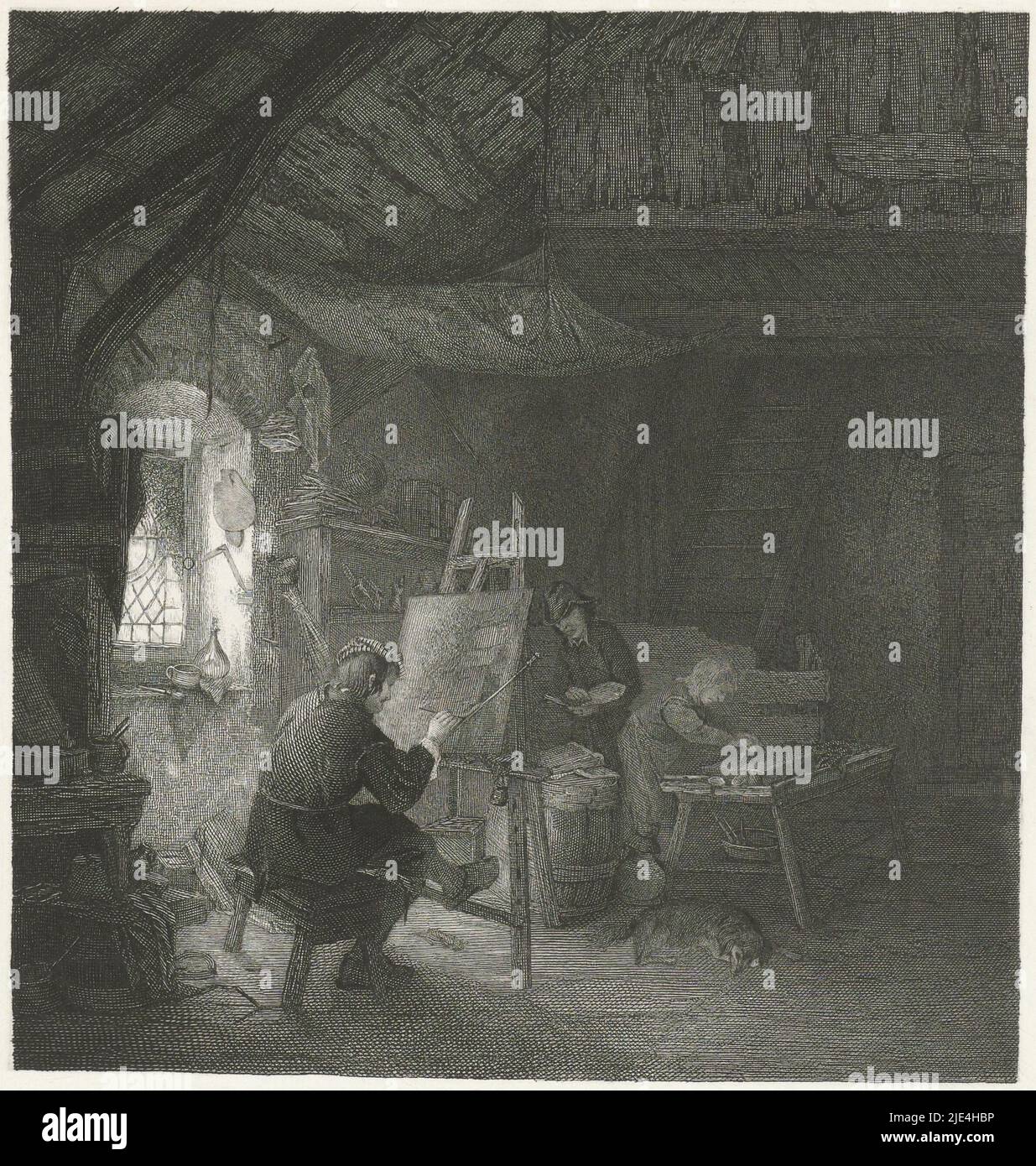 Painter in his studio, Leopold Löwenstam, after Adriaen van Ostade, 1852 - 1898, A painter at work in his studio. He is seated behind an easel near the window. At a table under a staircase, two assistants or apprentices prepare paints., print maker: Leopold Löwenstam, after: Adriaen van Ostade, 1852 - 1898, paper, engraving, etching, h 315 mm × w 275 mm Stock Photo