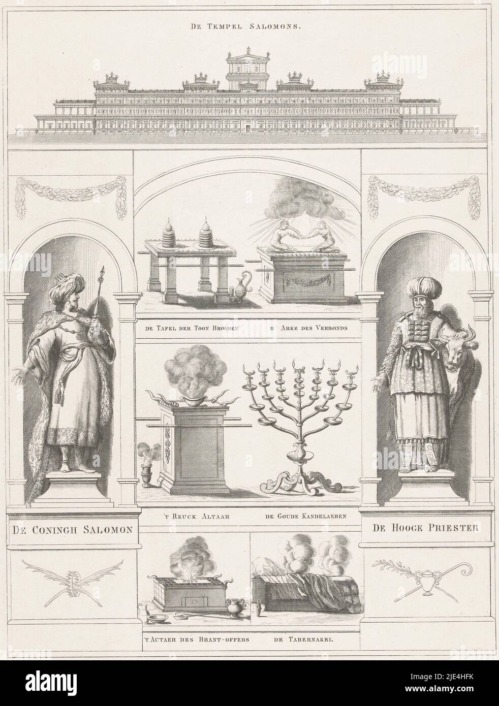 The Temple of Solomon, King Solomon, the High Priest and six objects from the temple, Petrus Johannes Arendzen, 1864, The Temple of Solomon, below the building two statues of King Solomon and the High Priest with an ox. In the center six objects from the temple: the table of showbread, the Ark of the Covenant, the altar of incense, the golden candlestick, the altar of burnt offering and the tabernacle., print maker: Petrus Johannes Arendzen, (mentioned on object), publisher: S. van Velzen jr., (mentioned on object), print maker: Netherlands, publisher: Kampen, 1864, paper, etching, engraving Stock Photo