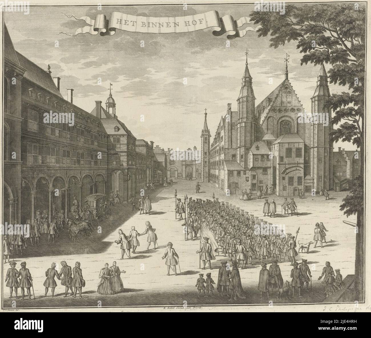 View of the Binnenhof in The Hague, anonymous, after Gerrit van Giessen, 1730 - 1736, View of the Binnenhof in The Hague, with various figures on the square., print maker: anonymous, intermediary draughtsman: Gerrit van Giessen, (mentioned on object), publisher: Reinier Boitet, (mentioned on object), intermediary draughtsman: The Hague, publisher: Delft, publisher: Amsterdam, 1730 - 1736, paper, etching, engraving, h 286 mm × w 342 mm Stock Photo