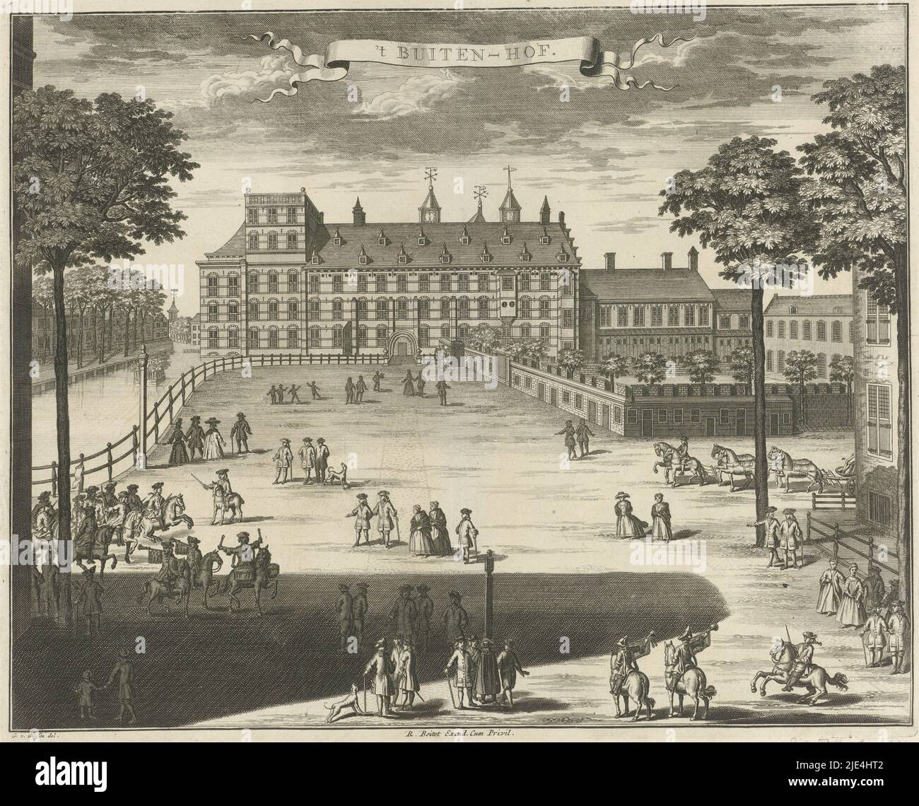 View of the Buitenhof in The Hague, anonymous, after Gerrit van Giessen, 1730 - 1736, View of the Buitenhof in The Hague, with the Binnenhof in the background. At the Buitenhof several figures and horsemen., print maker: anonymous, intermediary draughtsman: Gerrit van Giessen, (mentioned on object), publisher: Reinier Boitet, (mentioned on object), intermediary draughtsman: The Hague, publisher: Delft, publisher: Amsterdam, 1730 - 1736, paper, etching, engraving, h 284 mm × w 348 mm Stock Photo