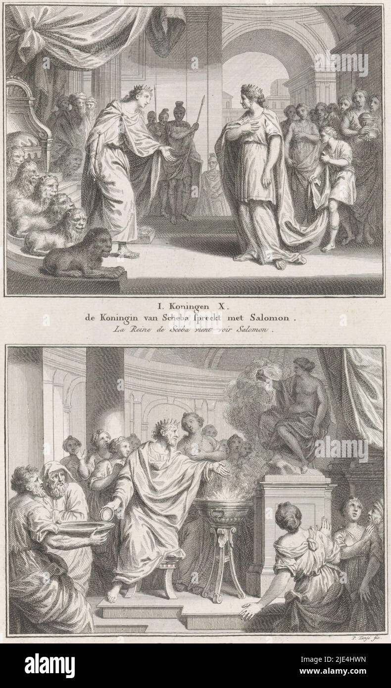 Visit of the Queen of Seba / Solomon's idolatry, Pieter Tanjé, 1791, Two Biblical representations. Above: King Solomon stands before his throne and welcomes the Queen of Seba. Below: under the influence of his pagan wives, Solomon makes a sacrifice to an idol. Below the representations a reference to the Bible texts and titles in Dutch and French., print maker: Pieter Tanjé, (mentioned on object), Amsterdam, 1716 - 1761 and/or 1791, paper, etching, engraving, h 328 mm × w 195 mm Stock Photo