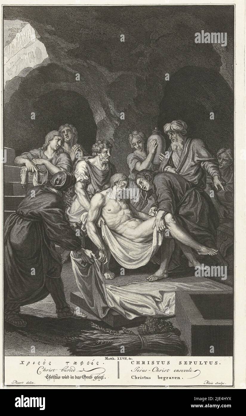 Entombment of Christ, Abraham de Blois, after Bernard Picart, 1728, Christ's dead body is wrapped in cloths after being anointed by the women at the open tomb in the cave. Below the scene is the title in six different languages., print maker: Abraham de Blois, (mentioned on object), intermediary draughtsman: Bernard Picart, (mentioned on object), publisher: Pieter de Hondt, print maker: Amsterdam, publisher: The Hague, 1679 - 1717 and/or 1728, paper, engraving, h 363 mm × w 232 mm Stock Photo