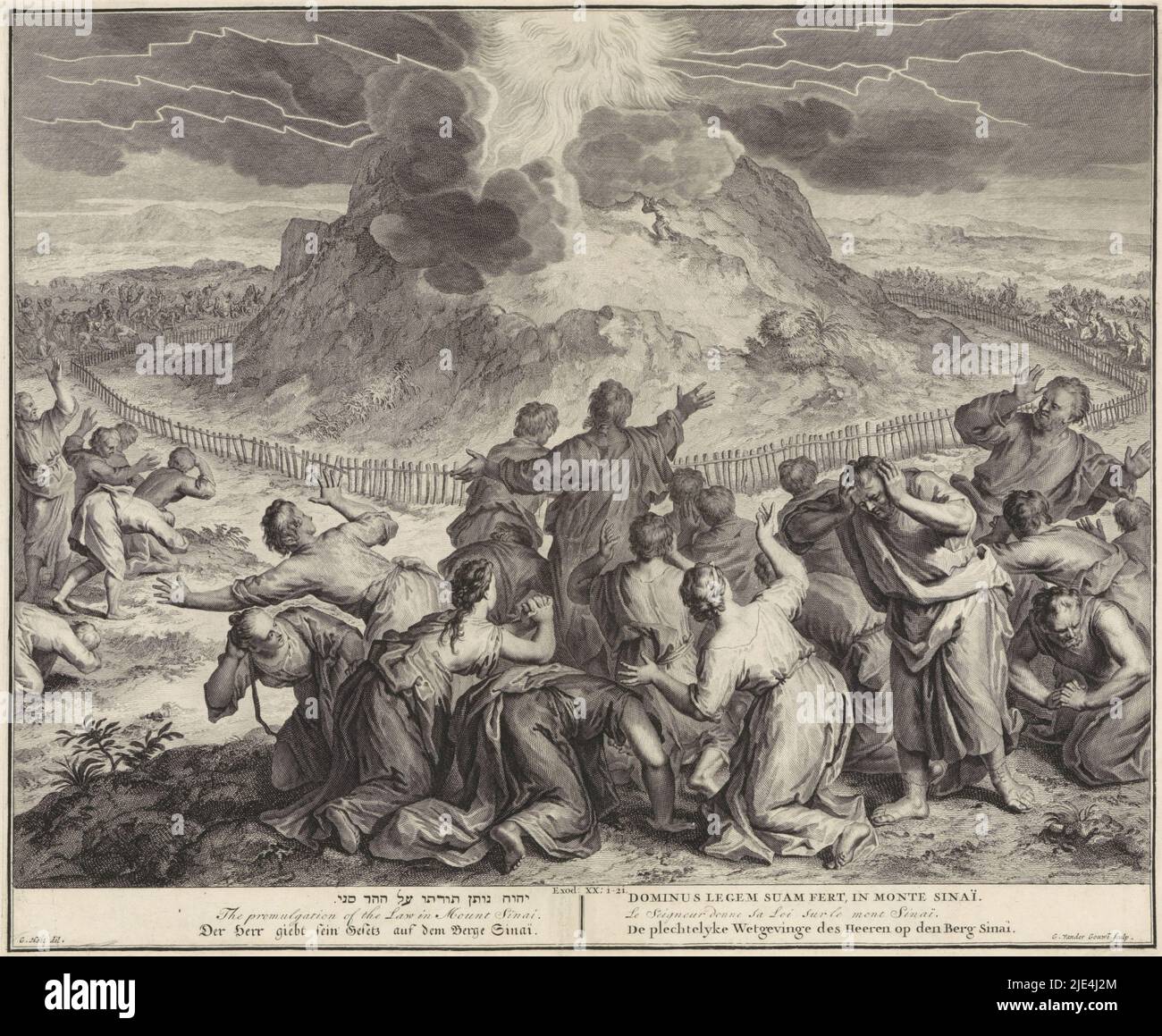 Moses on Mount Sinai, Gilliam van der Gouwen, after Gerard Hoet (I), 1728, Moses speaking to God on Mount Sinai. The Jewish people in the foreground panic at hearing thunders and seeing flashes of light and smoke coming from the mountain (Ex. 20:21). The print has a Hebrew, Latin, French, English, German and Dutch caption., print maker: Gilliam van der Gouwen, (mentioned on object), intermediary draughtsman: Gerard Hoet (I), (mentioned on object), publisher: Pieter de Hondt, print maker: Amsterdam, publisher: The Hague, 1728, paper, etching, engraving, w 425 mm × h 353 mm Stock Photo