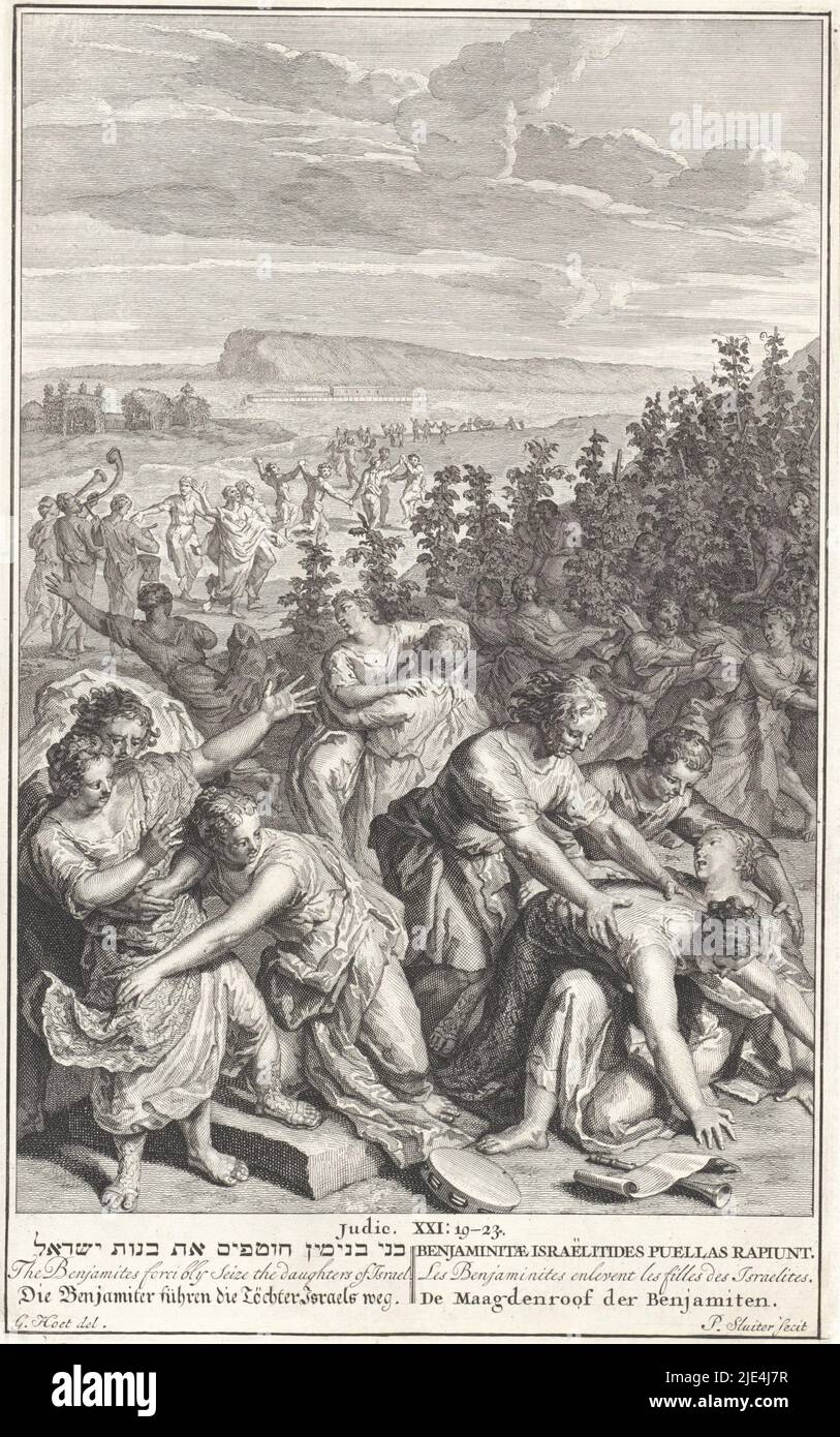 Virgin Robbery of the Benjamites, Pieter Sluyter, after Gerard Hoet (I), 1720 - 1728, In a vineyard, the virgins of Israel are desperately trying to escape from the Benjamites. On the ground are musical instruments and a scroll. Illustration of the Bible text Ri. 21: 19-23. Below the illustration the title in Hebrew, English, German, Latin, French and Dutch., print maker: Pieter Sluyter, (mentioned on object), intermediary draughtsman: Gerard Hoet (I), (mentioned on object), publisher: Bernard Picart, (possibly), print maker: Amsterdam, publisher: Amsterdam, publisher: The Hague, 1705 - 1720 Stock Photo