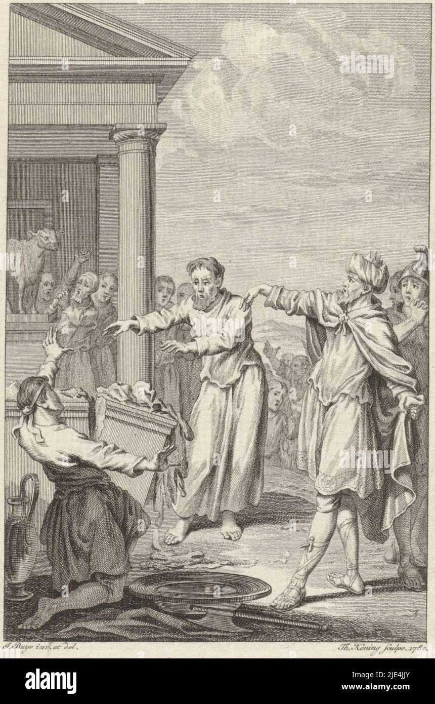 Idolatry of Jeroboam, Theodoor King, after Jacobus Buys, 1780, In the presence of King Jeroboam, at a temple, a sacrifice has just been made to a bull calf, which stands on a pied stall under the main frame of the temple. Jeroboam had set up calf worship in two places in Israel so that his subjects would not all have to travel to Jerusalem. In doing so, however, he violated the Ten Commandments and engaged in idolatry. This print is an illustration of the fifth chapter of the eighth book of 'All the Works of Flavius Josephus., print maker: Theodoor Koning, (mentioned on object), Jacobus Buys Stock Photo