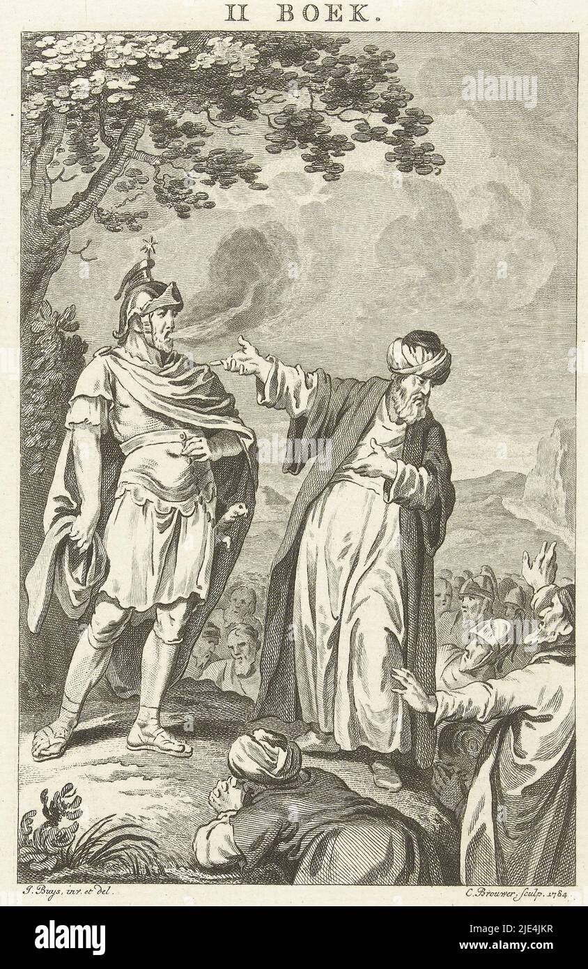 Jewish leader Barchochebas (Simon ben Kosiba) shows fire-breathing Roman to Jewish army, Cornelis Brouwer, after Jacobus Buys, 1784, Jewish leader Simon ben Kosiba, nicknamed Simon bar Kochba (Barchochebas) was a Jewish messiah. Between 132 and 135 he was leader of the last rebellion against the Romans. Here he tries to convince men of his role as Messiah and shows a fire-breathing Roman to the Jewish army, they respond in awe., print maker: Cornelis Brouwer, (mentioned on object), intermediary draughtsman: Jacobus Buys, (mentioned on object), Netherlands, 1784, paper, etching, h 254 mm - w Stock Photo
