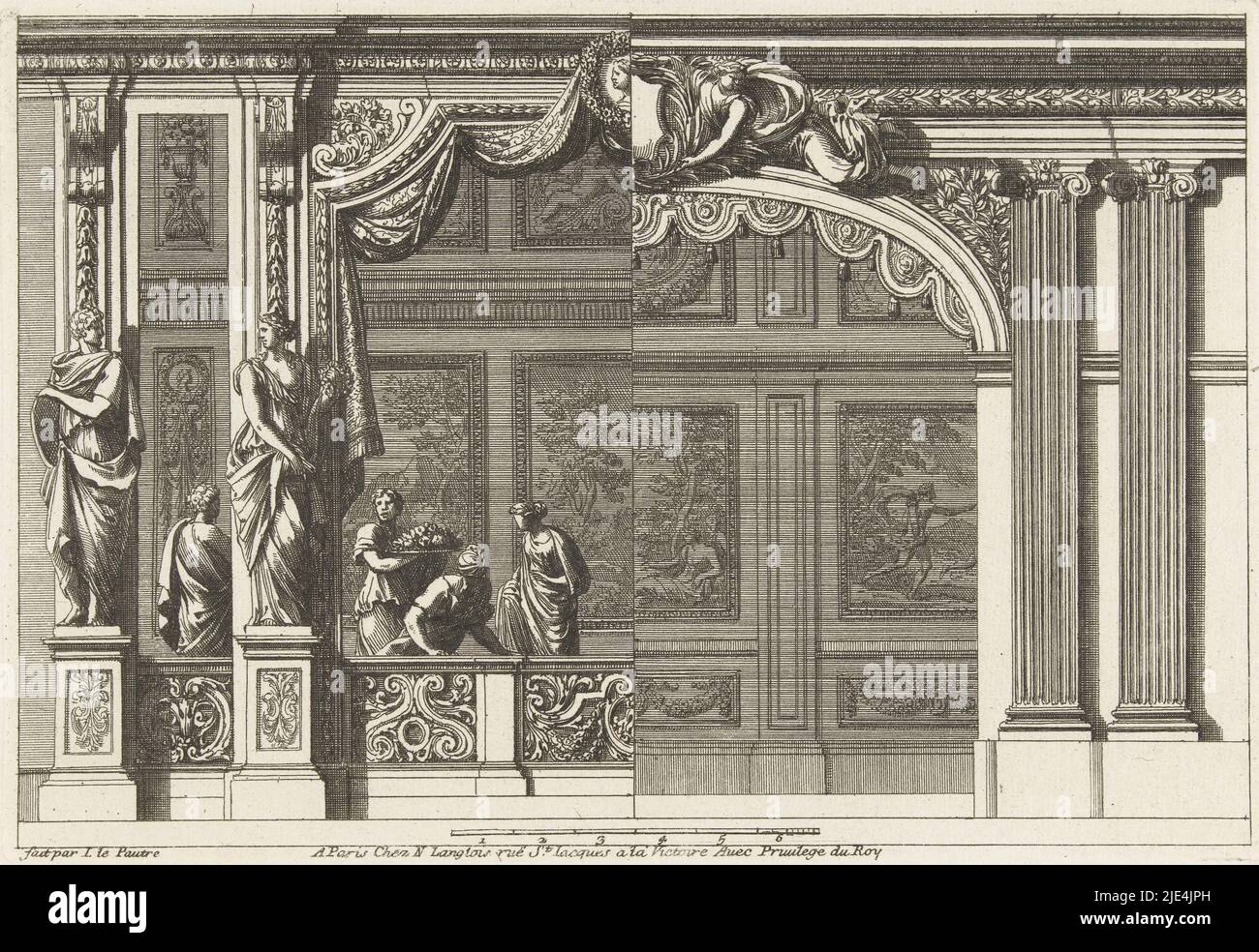 Alcove with variant for right half, Jean Lepautre, 1678, The alcove on the left is closed by a balustrade decorated with foliate vines and two sculptures. The right side is a variant with two Ionic pilasters. Sheet 2 from series of 6 sheets., print maker: Jean Lepautre, (mentioned on object), Jean Lepautre, publisher: Nicolas Langlois (I), (mentioned on object), print maker: France, (possibly), France, (possibly), publisher: Paris, 1678, paper, etching, h 143 mm × w 210 mm Stock Photo