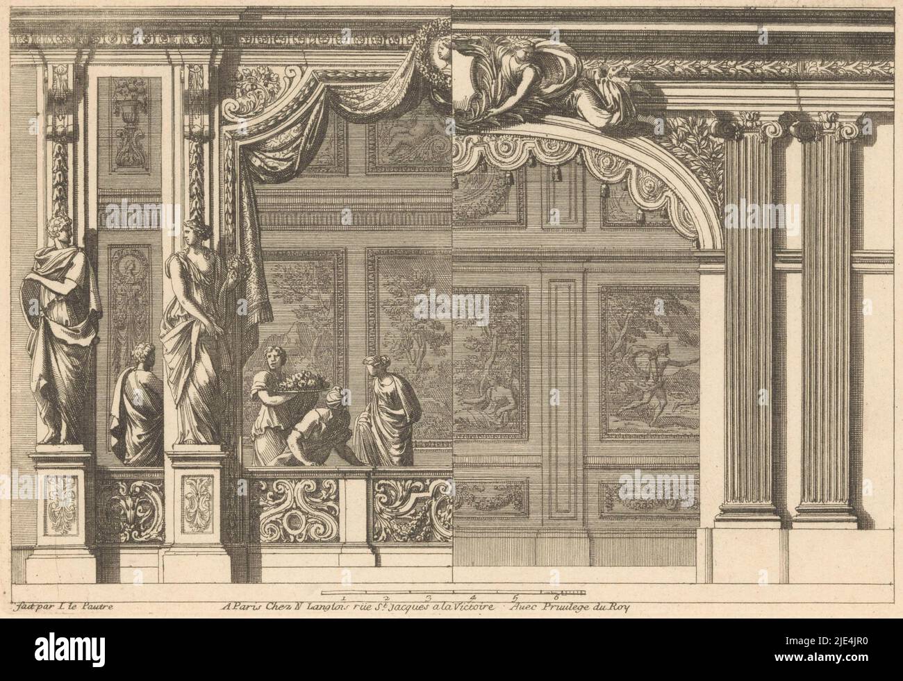 Alcove with variant for right half, Jean Lepautre, 1678, The alcove on the left is closed by a balustrade decorated with foliate vines and two sculptures. The right side is a variant with two Ionic pilasters., print maker: Jean Lepautre, (mentioned on object), Jean Lepautre, publisher: Nicolas Langlois (I), (mentioned on object), Paris, 1678, paper, etching, h 143 mm × w 210 mm Stock Photo