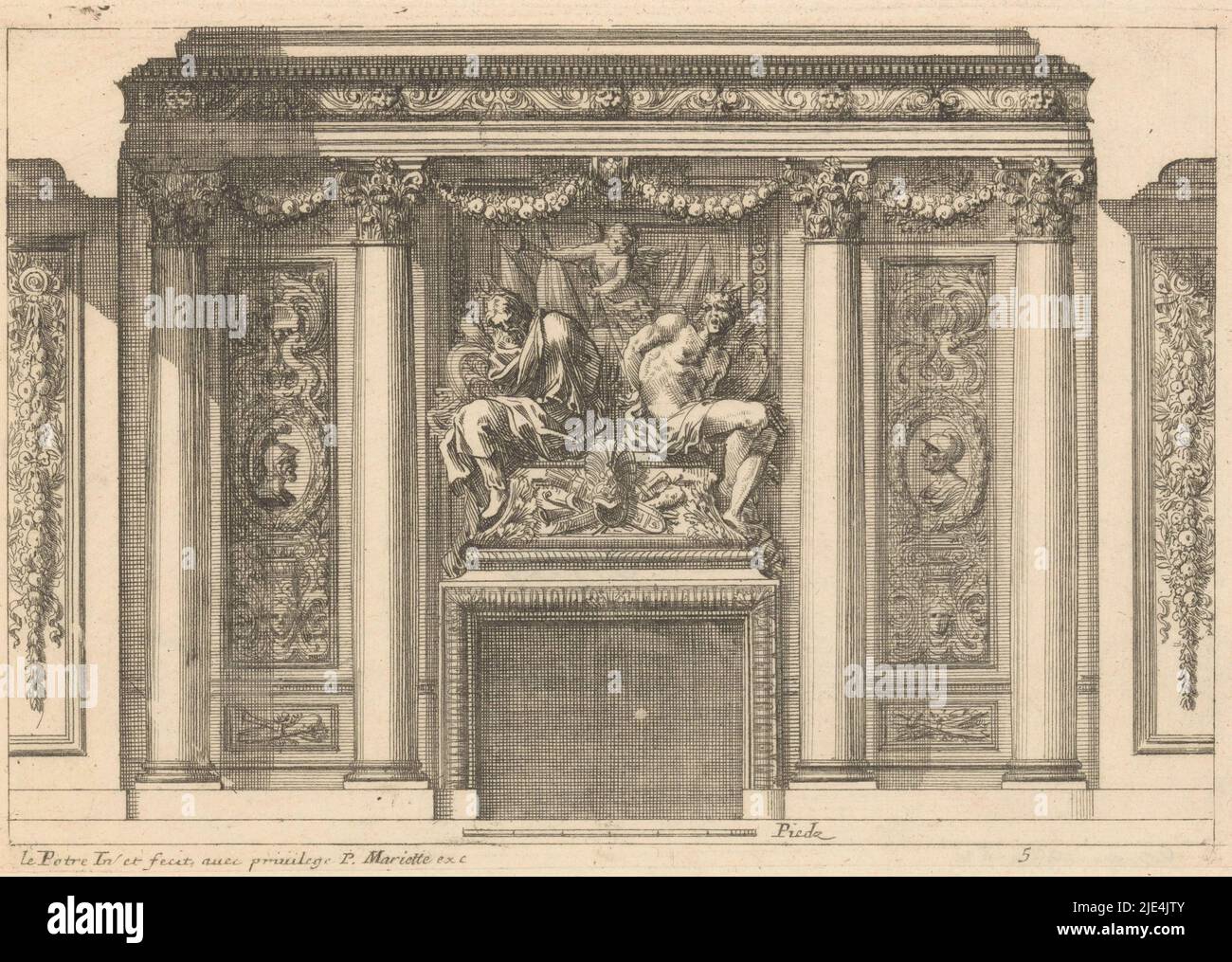 Fireplace with two chained prisoners, Jean Lepautre, 1658 - 1670, Cross section of a room with a fireplace with two chained figures in front of an armorial trophy. On the left and right two Corinthian columns., print maker: Jean Lepautre, (mentioned on object), Jean Lepautre, (mentioned on object), publisher: Pierre Mariette (II), (mentioned on object), Paris, 1658 - 1670, paper, etching, h 146 mm × w 216 mm Stock Photo