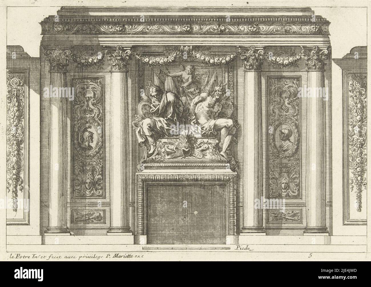 Fireplace with two chained prisoners, Jean Lepautre, 1658 - 1670, Cross-section of a room with a fireplace showing two chained prisoners in front of an armorial trophy.  To the left and right two Corinthian columns. From second edition., print maker: Jean Lepautre, (mentioned on object), Jean Lepautre, (mentioned on object), publisher: Pierre Mariette (II), (mentioned on object), print maker: France, (possibly), France, (possibly), publisher: Paris, 1658 - 1670, paper, etching, h 148 mm × w 217 mm Stock Photo