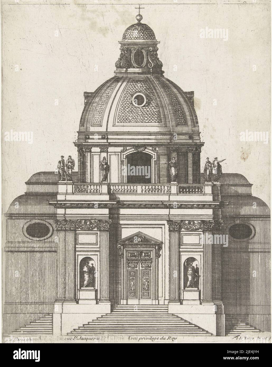 Portico of church with dome, Jean Lepautre, c. 1670 - c. 1680, print maker: Jean Lepautre, (mentioned on object), Jean Lepautre, (mentioned on object), publisher: Nicolas Langlois (I), (mentioned on object), print maker: France, (possibly), France, (possibly), publisher: Paris, c. 1670 - c. 1680, paper, etching, h 244 mm, w 191 mm Stock Photo