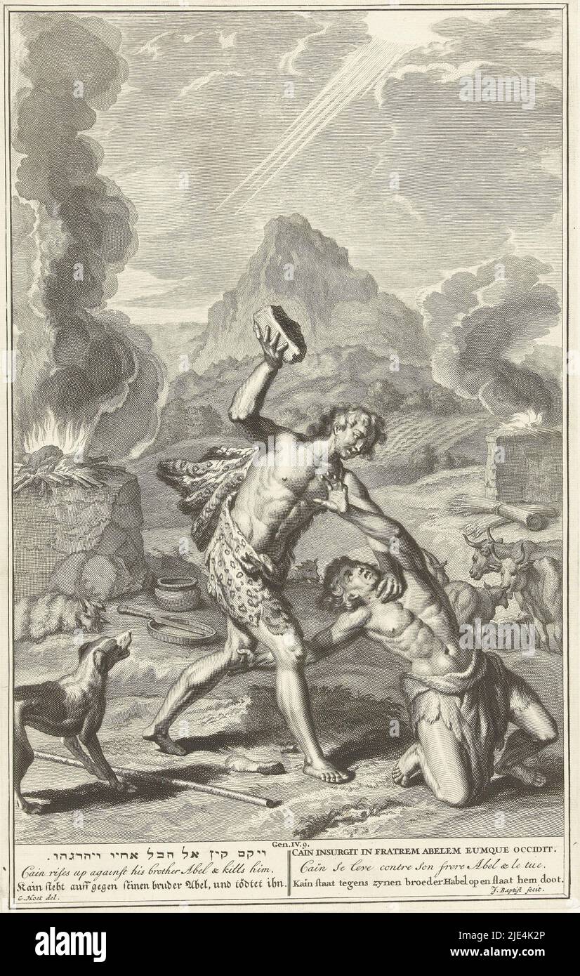 Cain strikes Abel dead, Jacobus Baptist, after Gerard Hoet (I), 1720 - 1728, Cain is about to kill Abel with a large stone he holds in his hand. Two sacrificial altars can be seen in the background. On the right is Cain's corn offering and on the left is Abel's sacrificed lamb. God's permission for Abel's sacrifice is symbolized by the sun's rays pointing to the left. With caption in six languages., print maker: Jacobus Baptist, (mentioned on object), intermediary draughtsman: Gerard Hoet (I), (mentioned on object), Amsterdam, 1720 - 1728, paper, etching, engraving, h 353 mm × w 223 mm Stock Photo